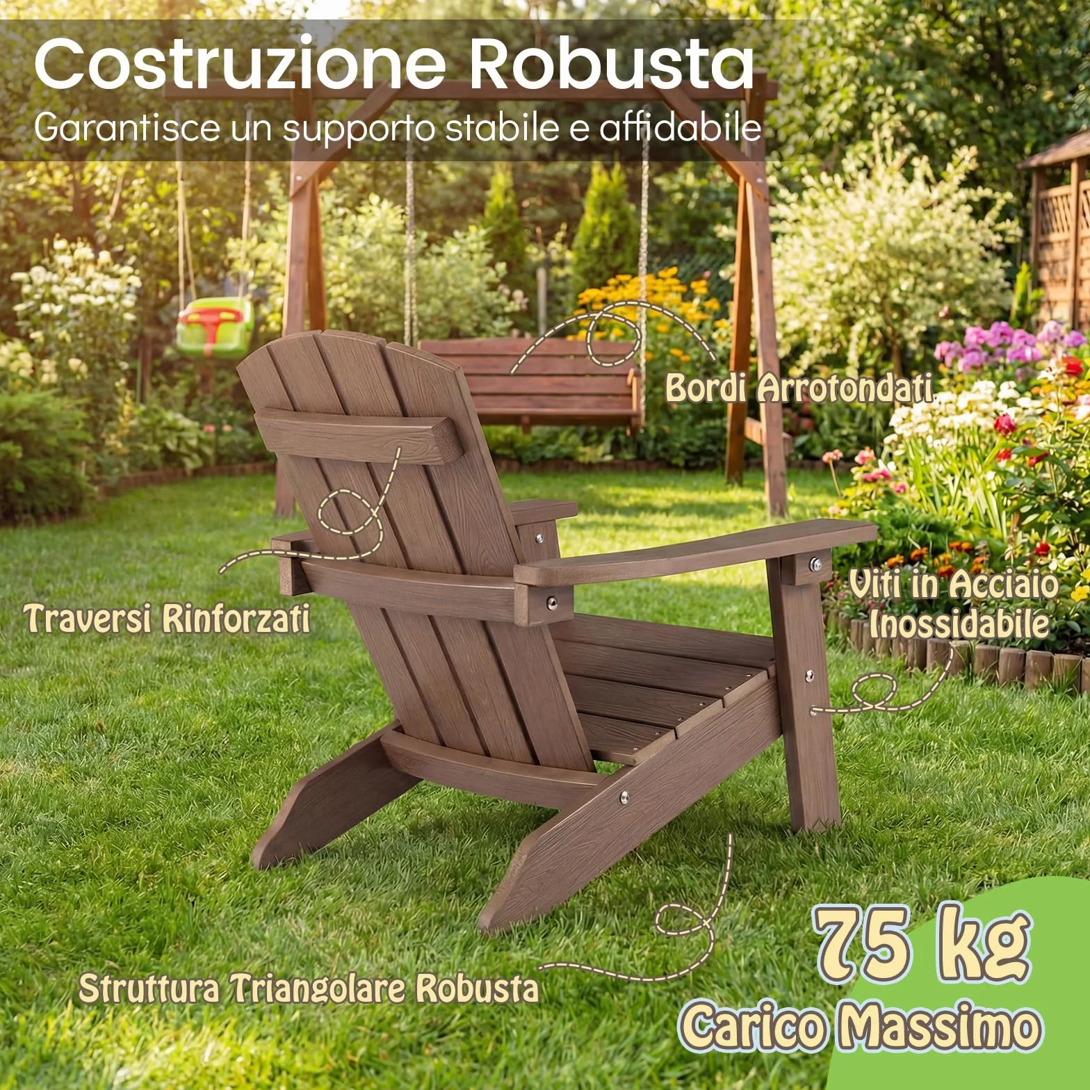 COSTWAY Sedia Adirondack per Bambini, Poltrona da Giardino in Plastica Resistente alle Intemperie con Schienale a Doghe Inclinato, Sedia Adirondack per Patio e Balcone, Portata 75 kg (Marrone)