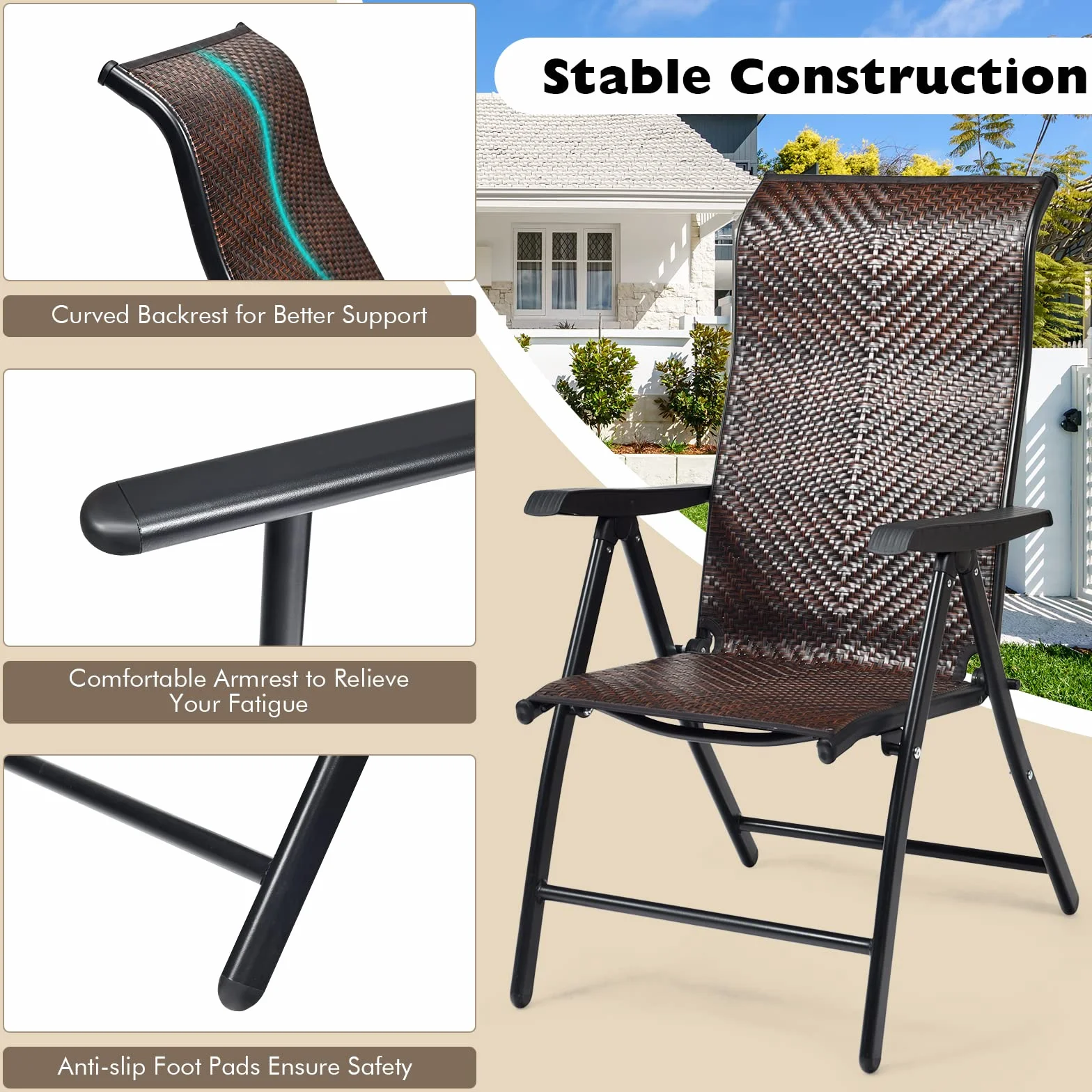 GIANTEX Set di 2 sedie da giardino in rattan con schienale regolabile, sedia pieghevole da giardino, sedia da pranzo, ergonomica, con braccioli, per giardino, balcone