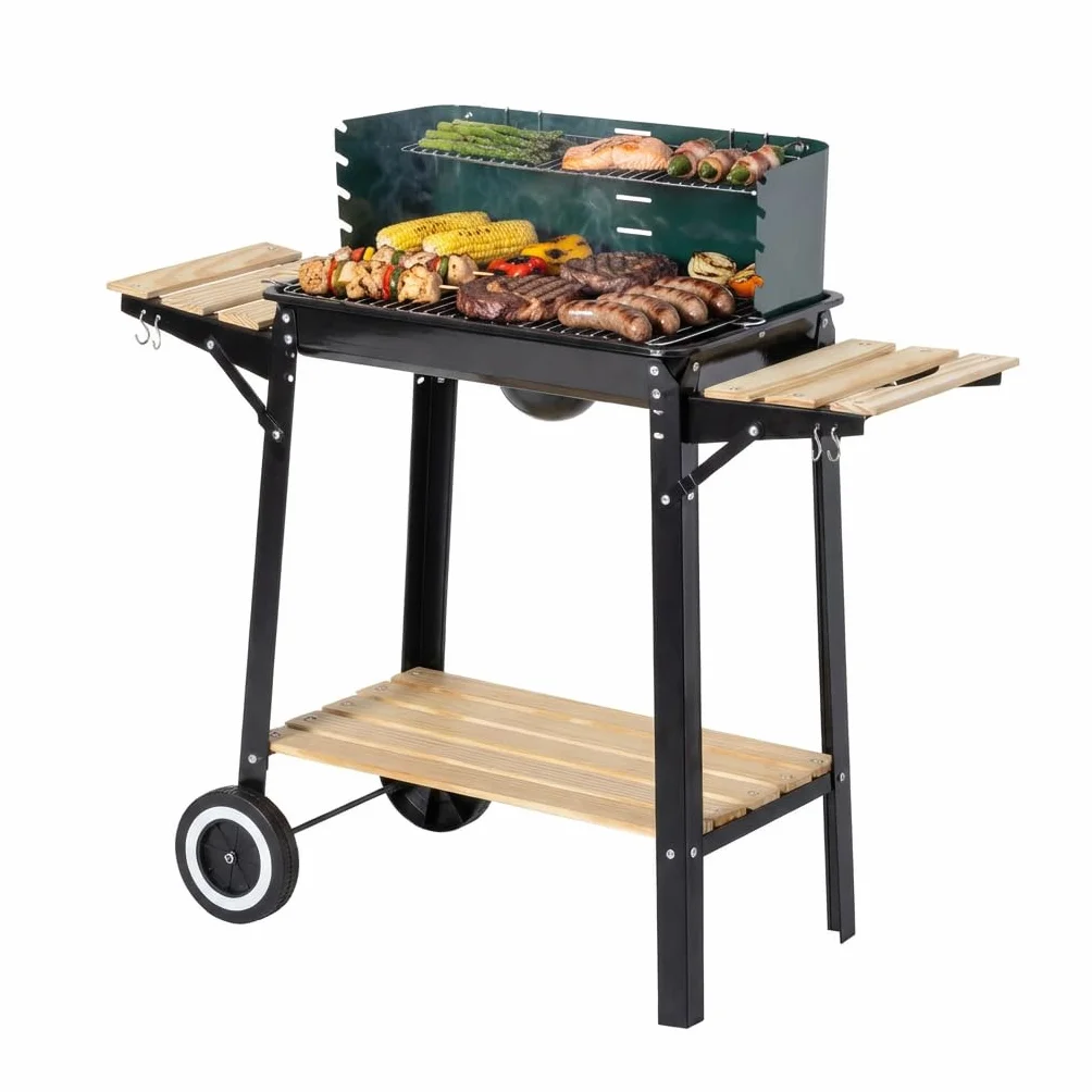 Aro Barbecue a Carbonella in Acciaio e Legno, 2 Griglie Regolabili, Tavolini Laterali, Ruote, Paravento, Verde