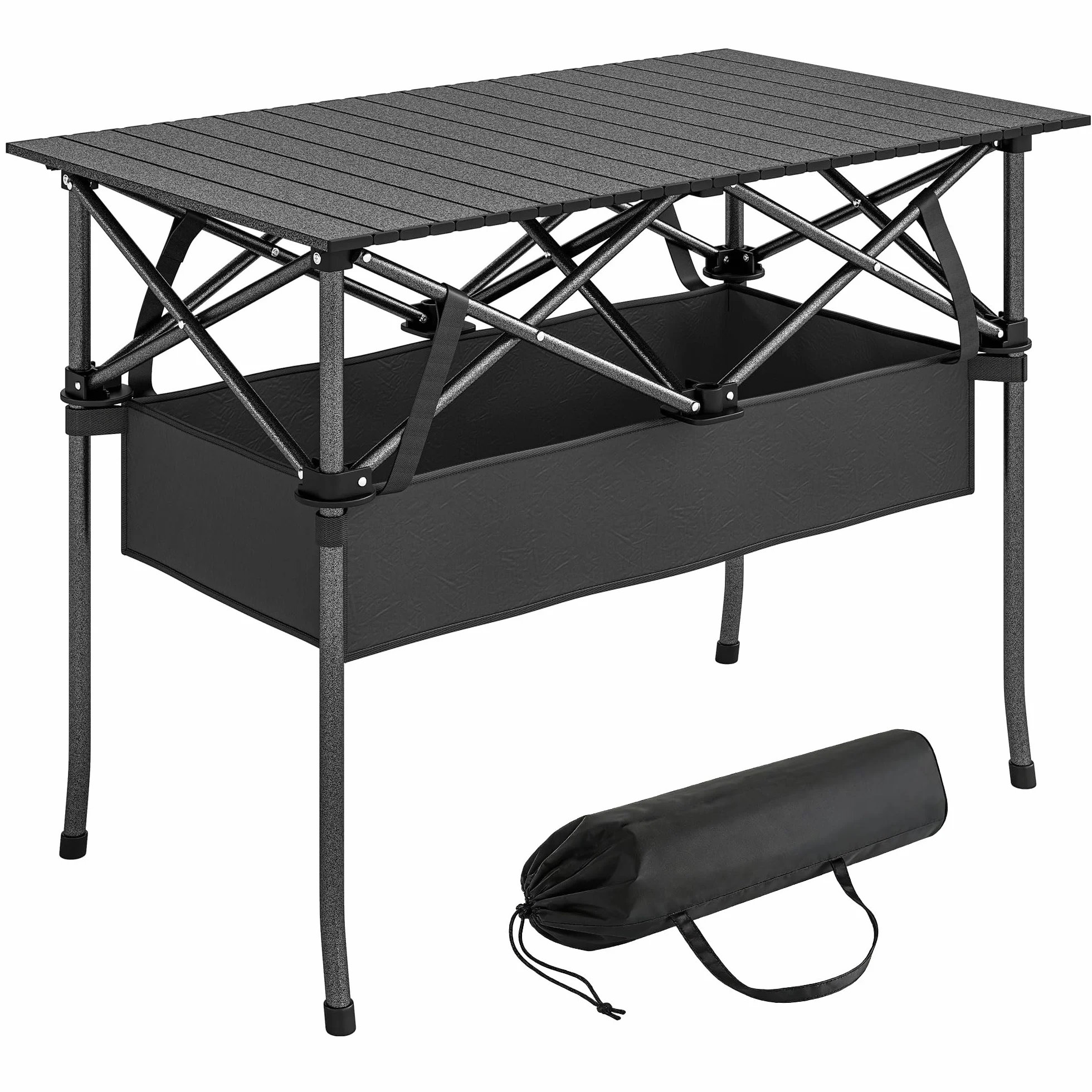 Outsunny Tavolo da Picnic Pieghevole 93cm con Rete Portaoggetti e Borsa, Struttura in Metallo, Nero