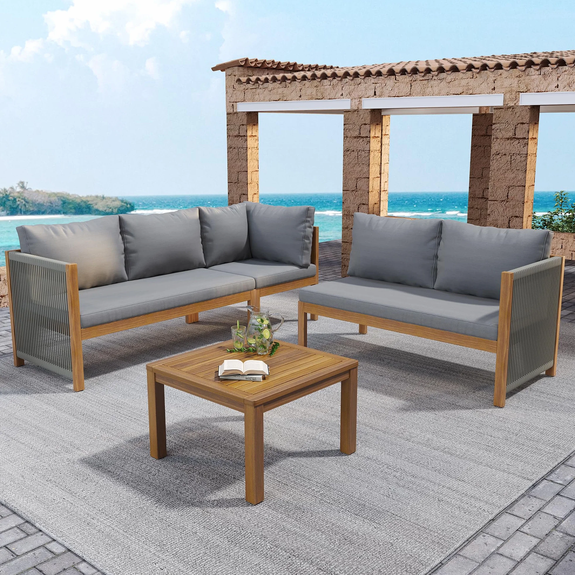 Lubvtti Set giardino esterno,divano da esterno + tavolino,mobili da giardino,struttura in acacia, piano in acacia,lavorazione artigianale in corda intrecciata, adatto per il giardino, grigio