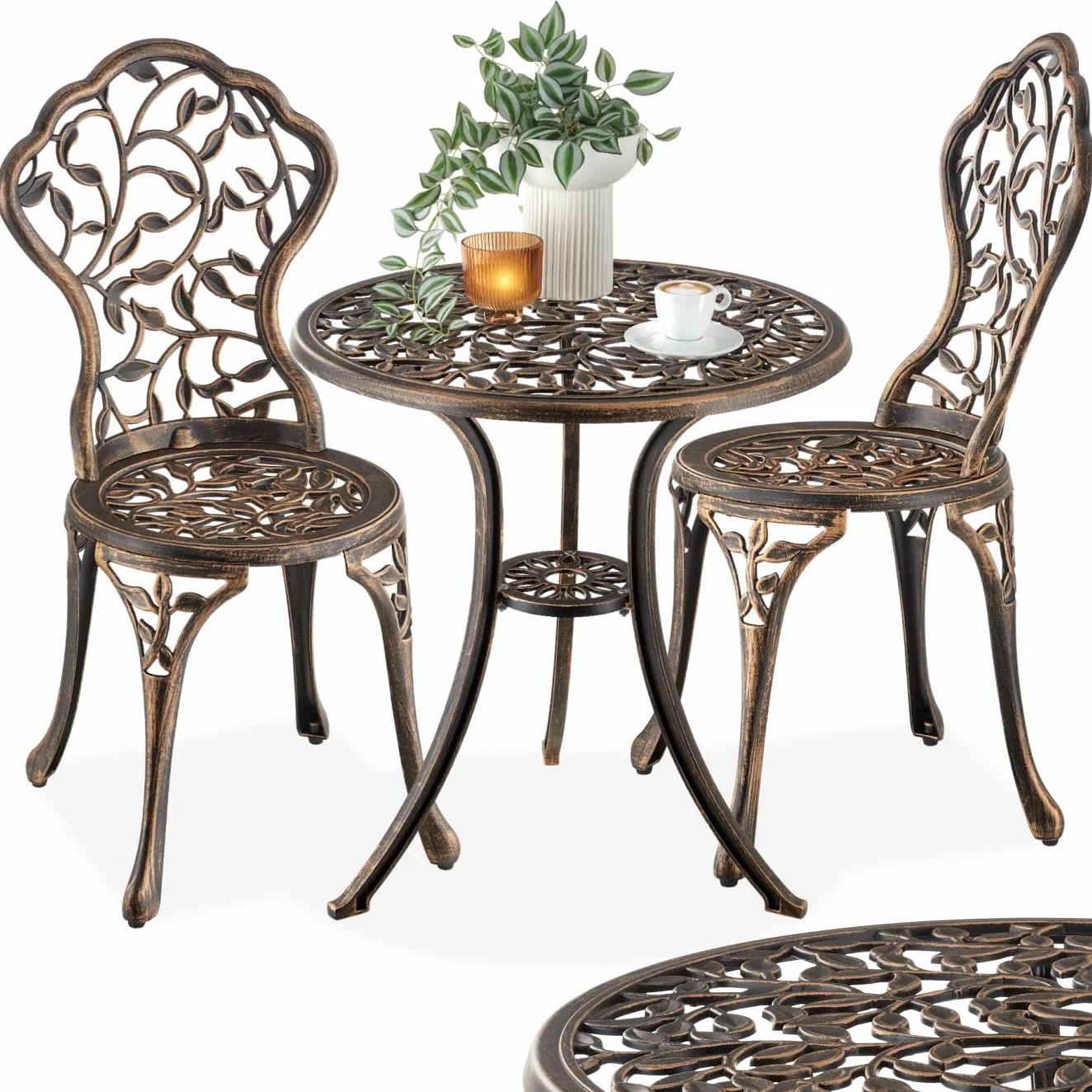 Tectake Bistrot Set per 2 Persone, Tavolo e Sedie da Giardino in Alluminio, Motivo Foglia Vintage