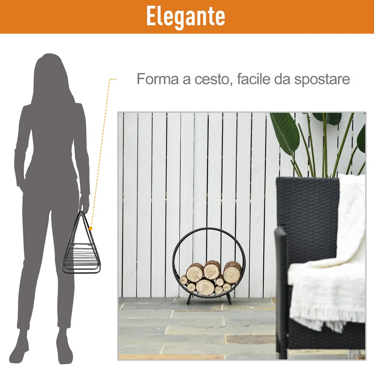 Outsunny Portalegna in Metallo per Camino, Porta Legna a Cesto, 45x29.5x47cm, Nero