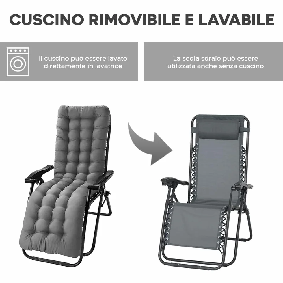 Mediawave Store - Sedia Sdraio Gravità Zero, Sedia Pieghevole con Cuscino Imbottito, Sedia con Schienale Reclinabile, Sedia Giardino, Acciaio, Textilene, Richiudibile, Sedia Gravity (1, Grigio)