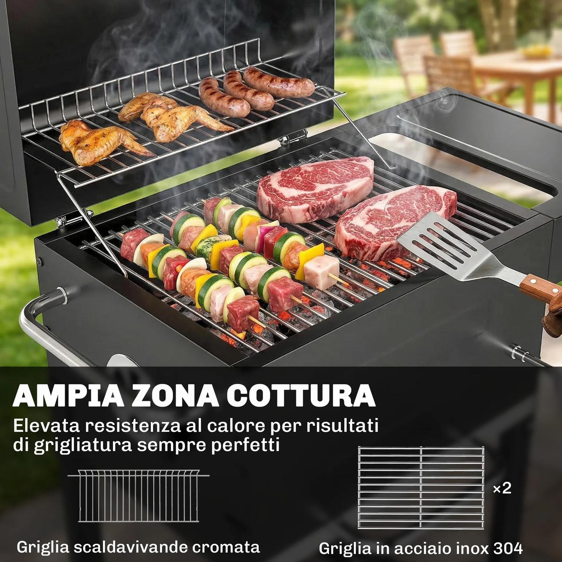 Outsunny Barbecue Carbonella Stretto z Rusztem, Regulowany Nawiew, Wózek BBQ z Pokrywą, Stal, Półka, Termometr, Popielnik, Czarny