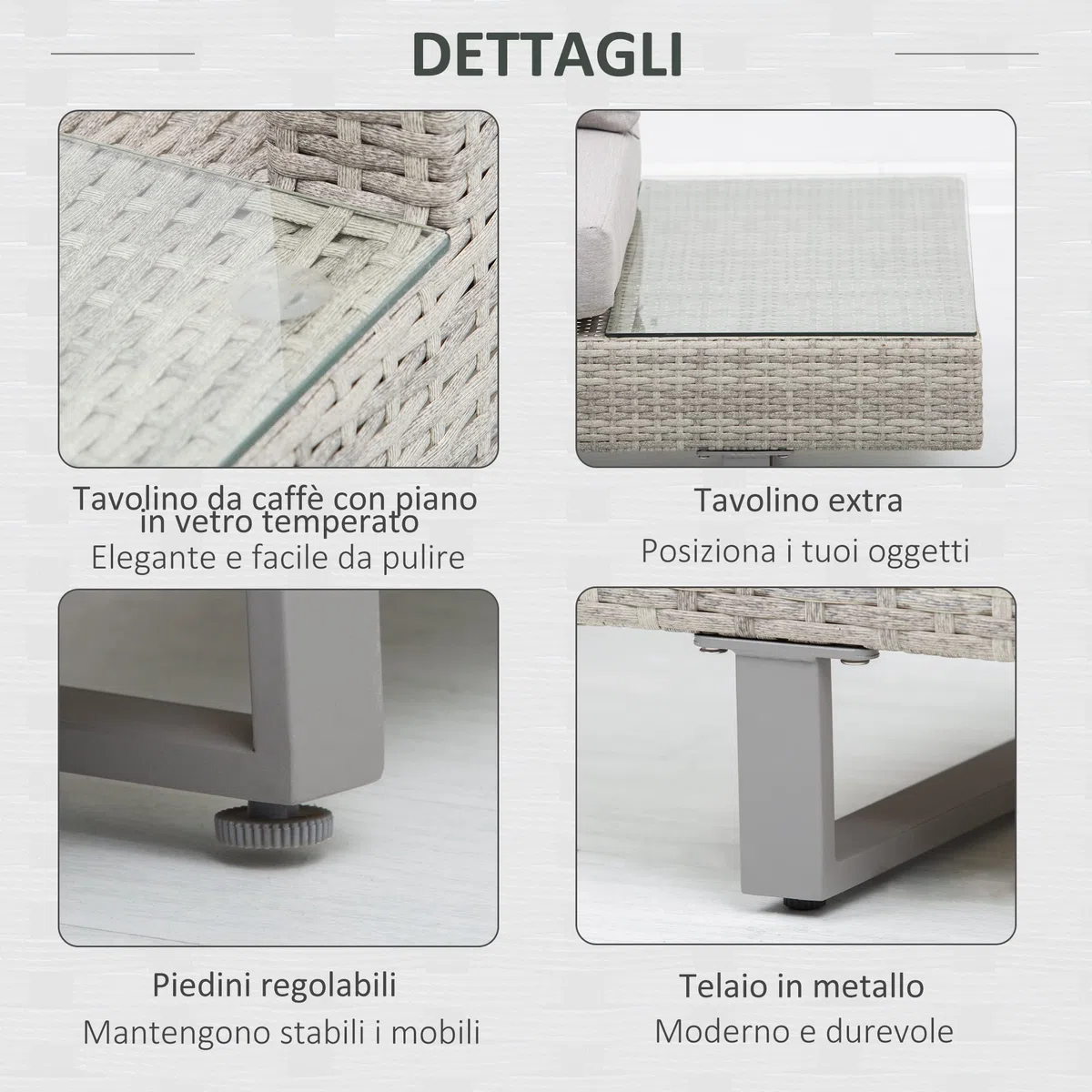 Outsunny Set Giardino Esterno, Salotto da Giardino, Set Divani da Esterno con Tavolino da Giardino, Mobili da Giardino in Rattan Grigio