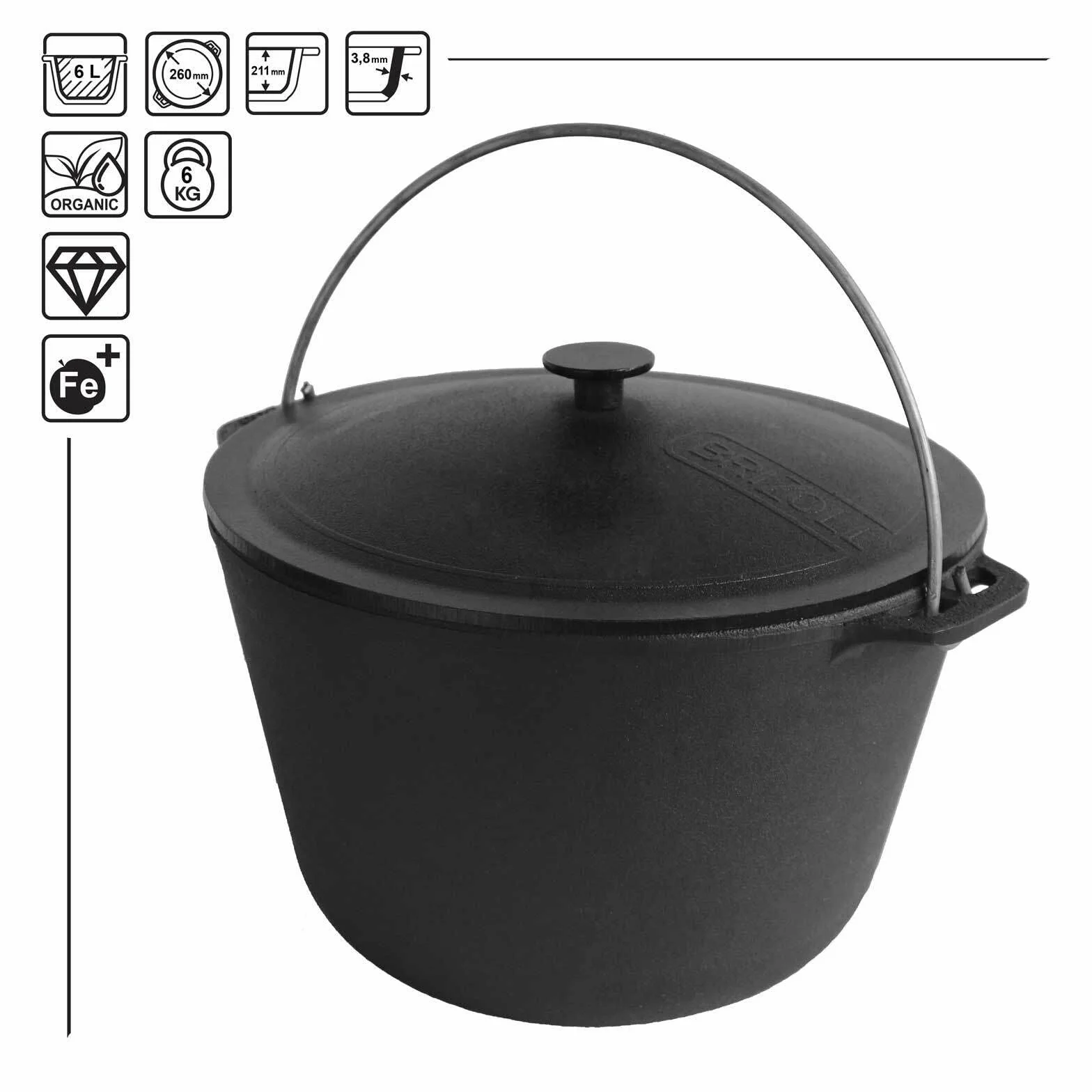4BIG.fun Calderone 6L in ghisa pentola | Kazan con coperchio | Ghisa casseruola rotonda con coperchio | Asia Wok Kasan per fornelli a induzione, Cucina, Campeggio, Giardino, Barbecue