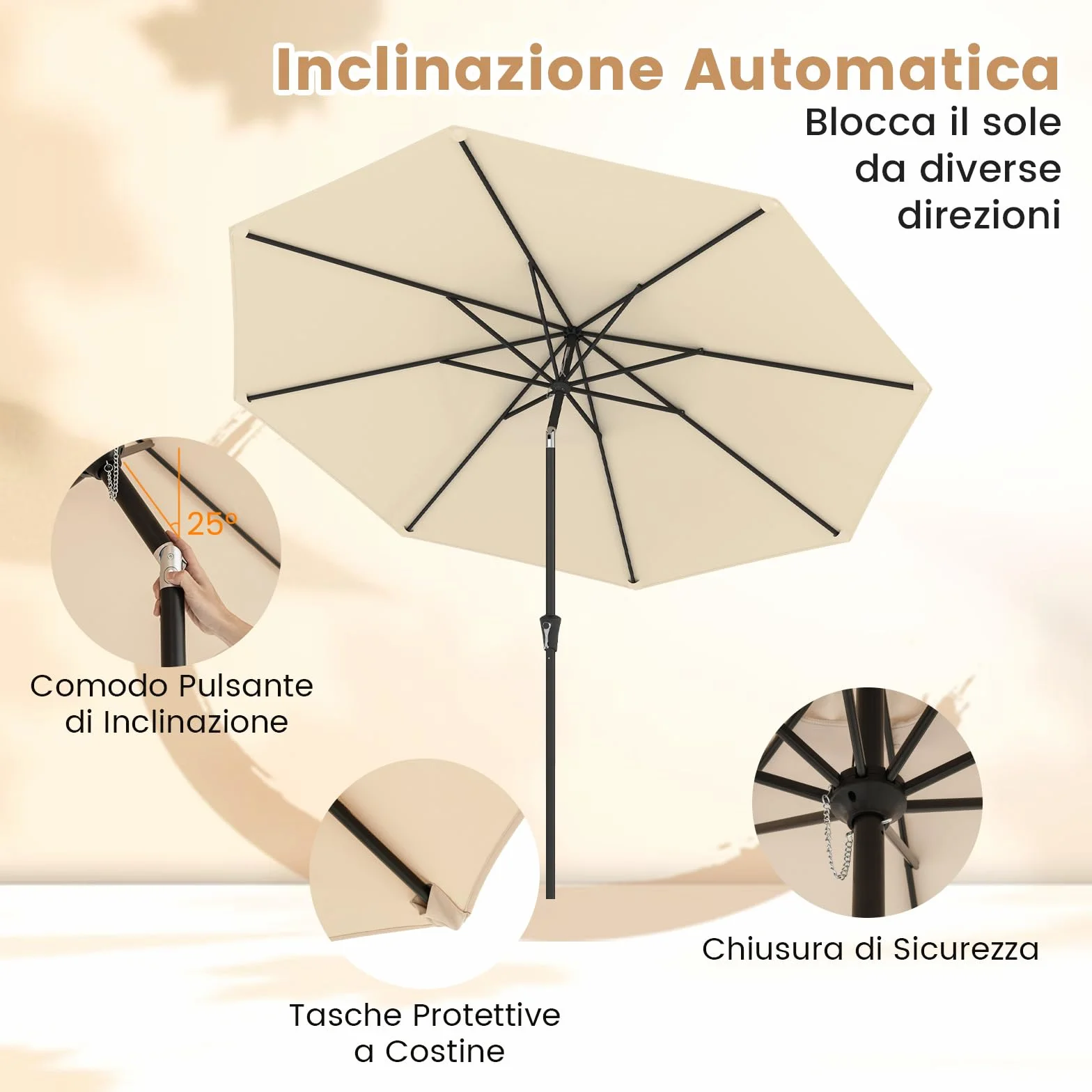COSTWAY Ombrellone da Giardino 290 cm con Inclinazione Regolabile, 8 Stecche Manovella per Spiaggia Piscina Cortile Beige
