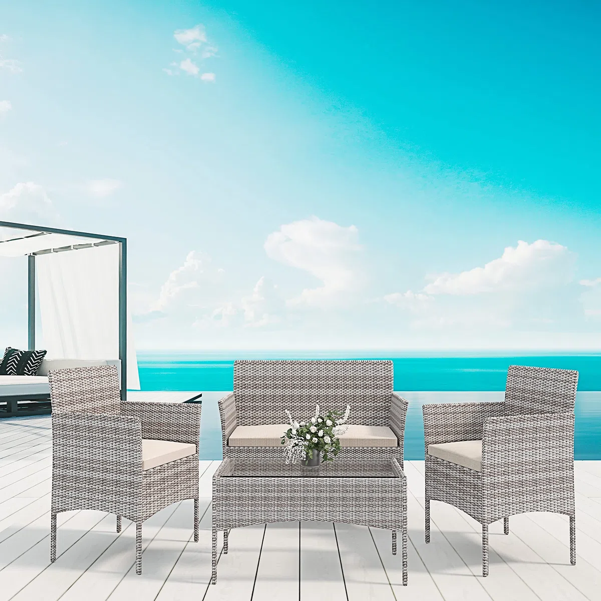 Set Di Mobili da Giardino in Rattan 4 Posti Salottino Salotto E Tavolino Con Ripiano In Vetro 2 Poltrone E Divano 2 Posti Con Cuscini Sfoderabili Giardino Esterno Piscina Veranda Terrazzo (Gray)