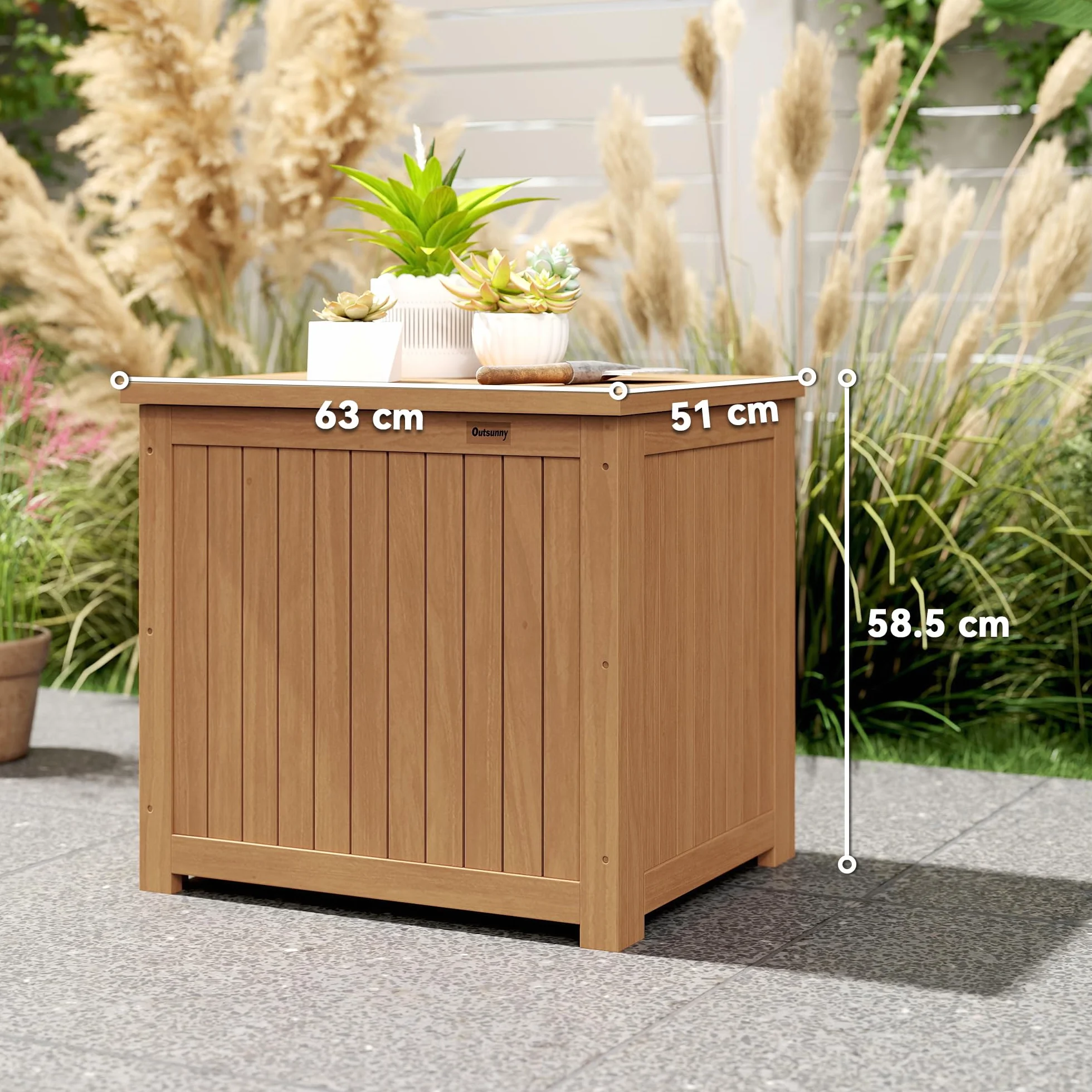 Outsunny Baule da Esterno 130L Legno Coperchio Cerniera, Contenitore Giardino Protezione UV, 63x51x58.5 cm, Marrone