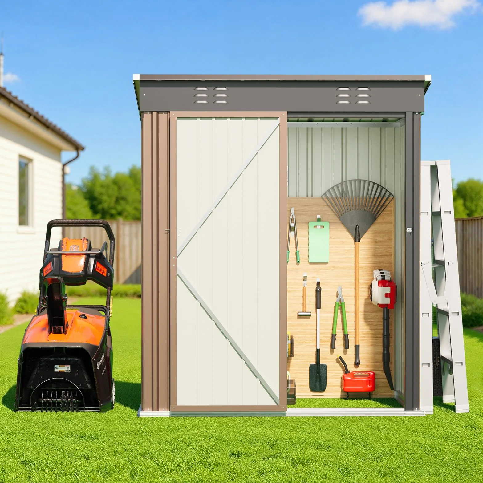 Casetta per attrezzi in metallo,Capanno per Attrezzi da Giardino in Metallo con Ripiani Regolabili, Tetto Inclinato, Prese d'Aria,per Prato, Patio e Cortile 161x94x182CM,Marrone