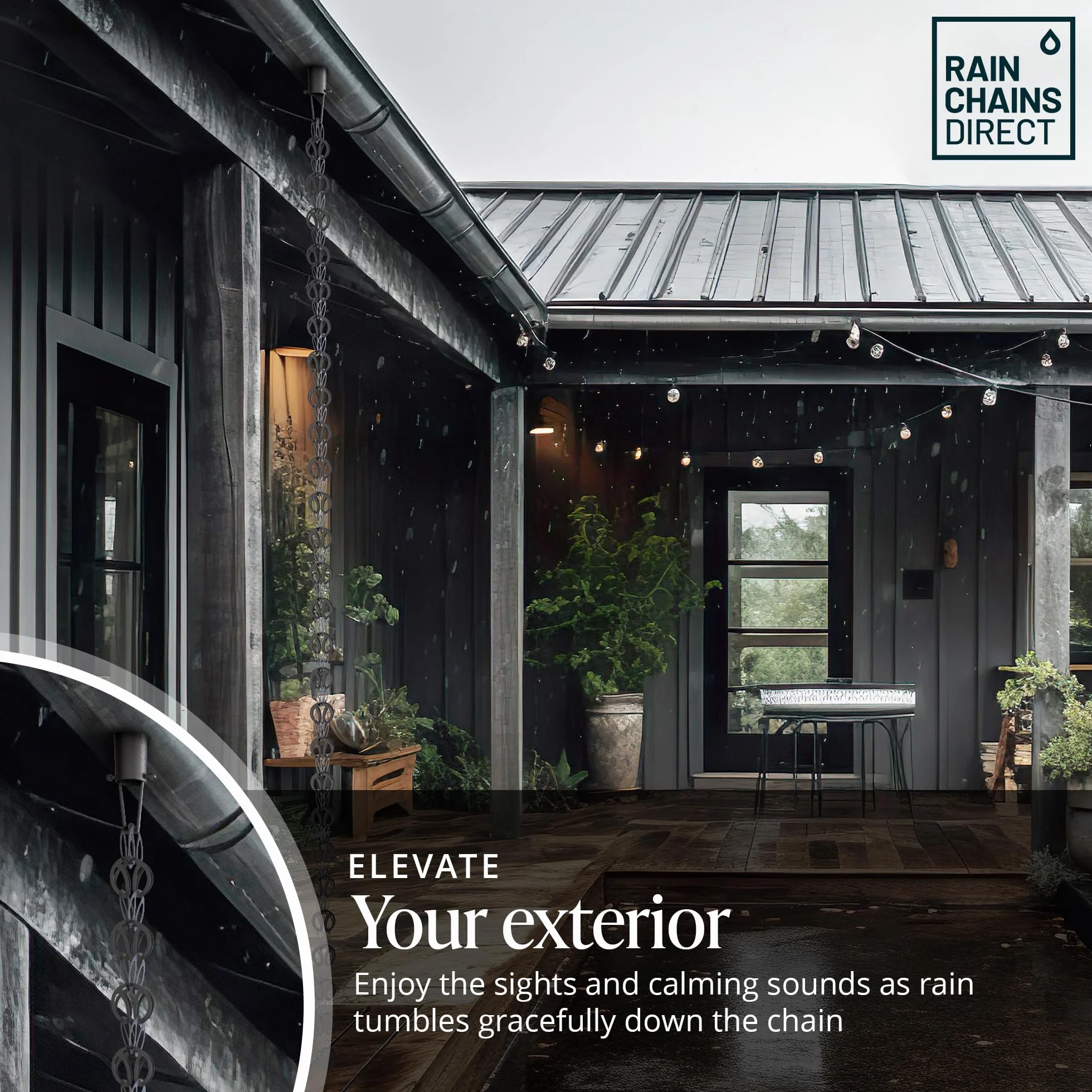 Rain Chains Direct Passante Moderno, Lunghezza 2,5 m, Alluminio, Verniciato a Polvere Nera, Ricambio Funzionale e Decorativo per pluviali grondaie