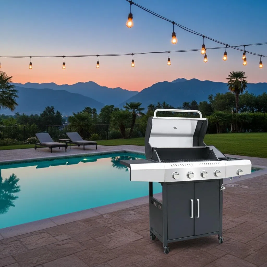 BRICOZONE Barbecue A Gas Professionale XXL 5 Bruciatori 16 Kw Coperchio Doppio Termometro Acciaio Inox