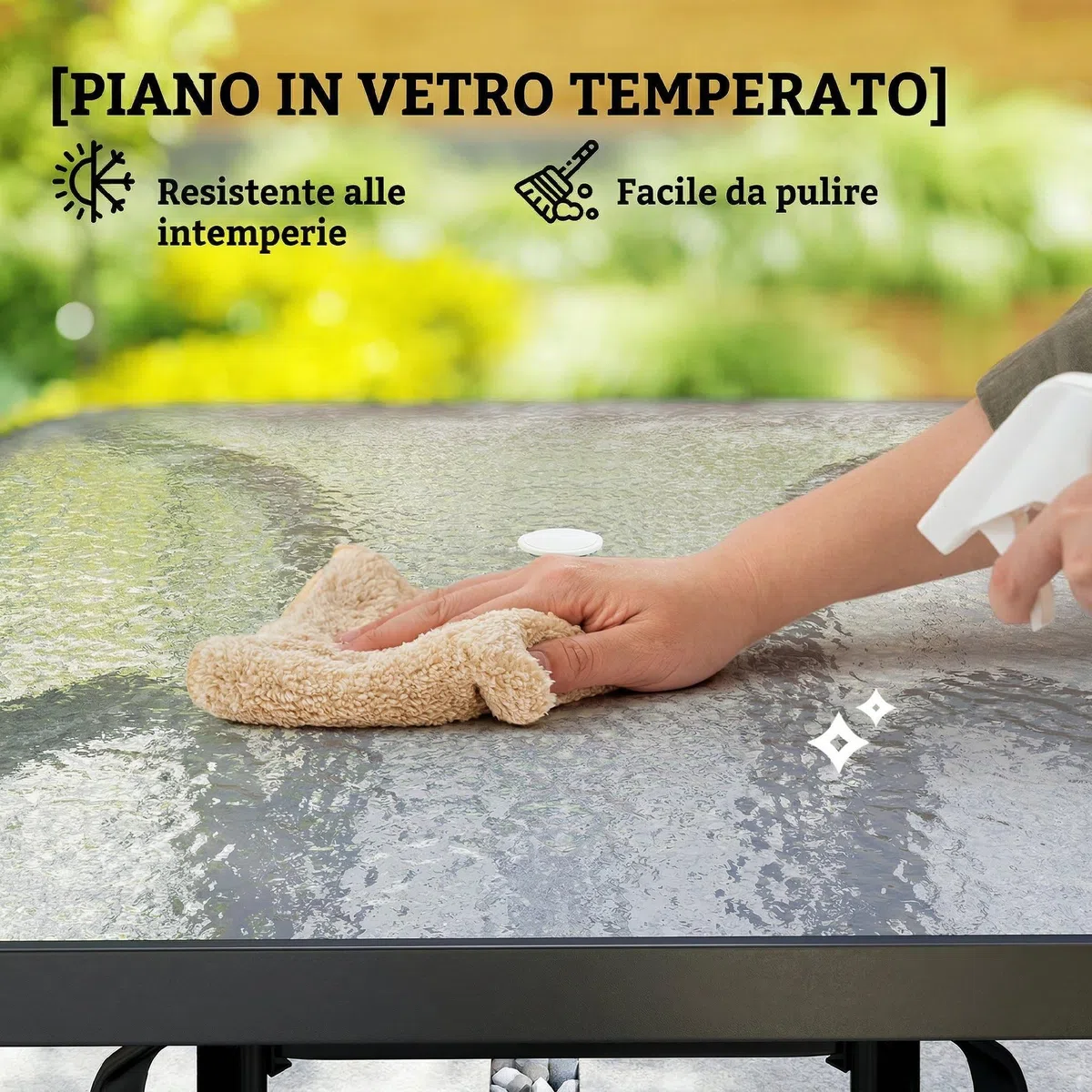 Outsunny Tavolo da Giardino per 4 Persone con Foro per Ombrellone Ø43 mm, Tavola da Pranzo da Esterno in Metallo e Vetro Temperato, Per Patio, Terrazzo, Balcone ed Esterno, 96.5x96.5x72 cm, Nero