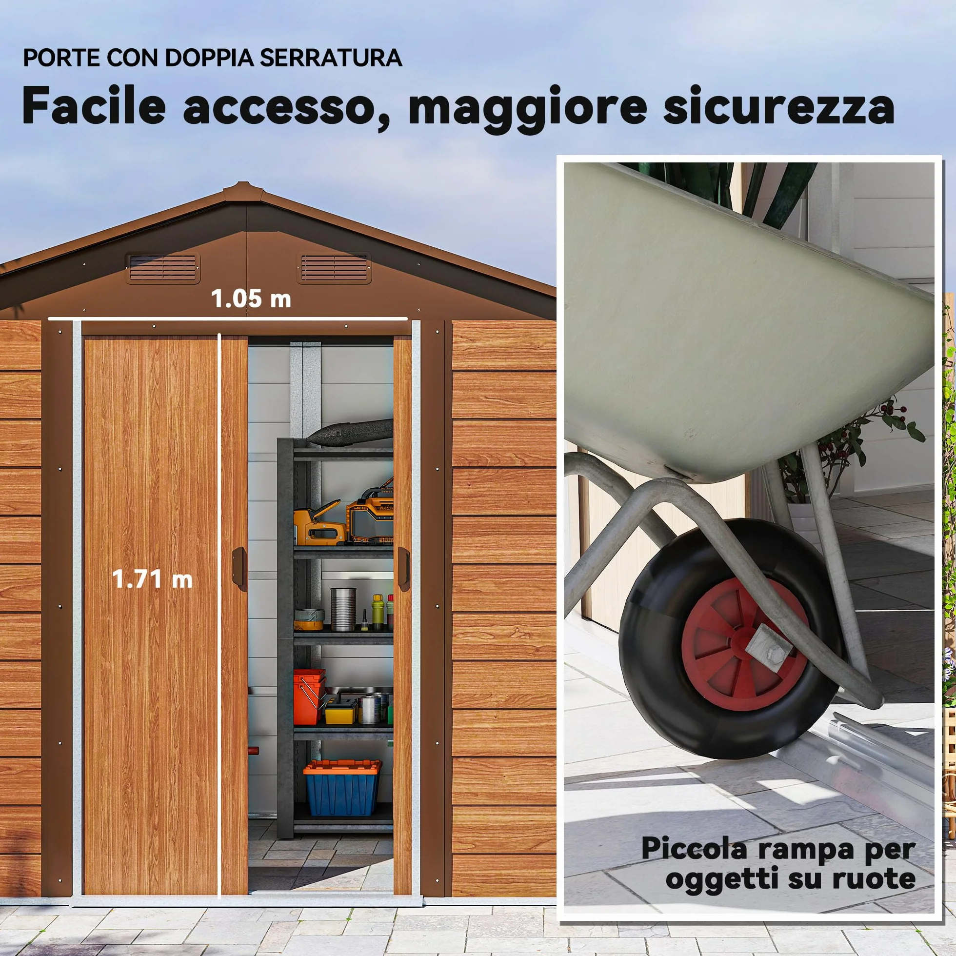 Outsunny Casetta da Giardino 4.07m² Acciaio Zincato con Porta Attrezzi Tetto Inclinato Doppie Porte Scorrevoli Bloccabili Marrone