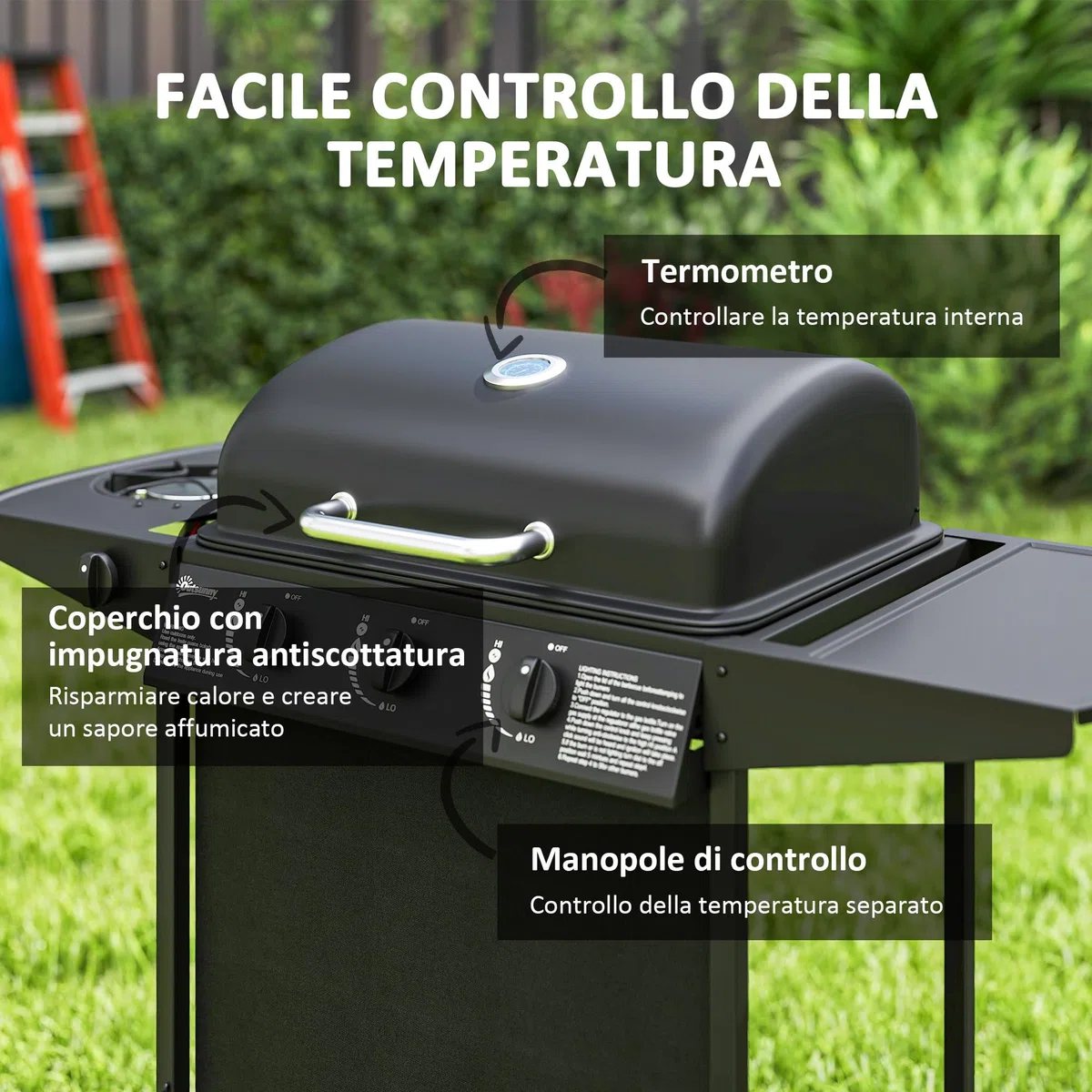 Outsunny Barbecue a Gas 4 Bruciatori 9.5kW con Coperchio Termometro Ruote Nero
