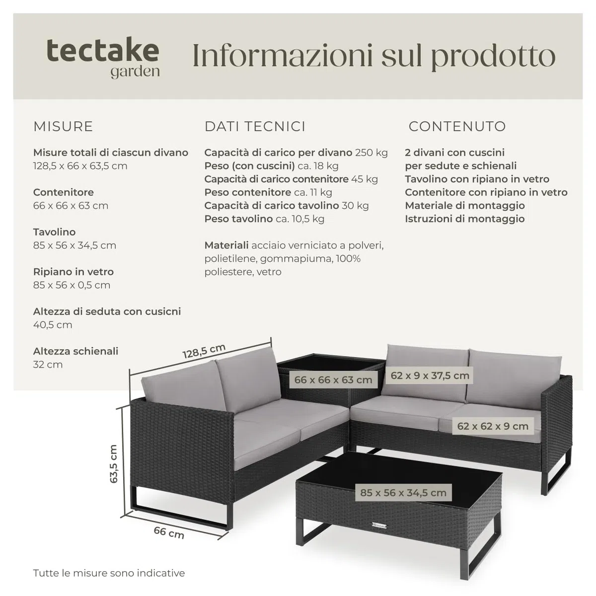 tectake® Salottino in Rattan Ostuni, Set da Giardino con 2 Sofà e 1 Tavolo con Lastra in Vetro, Box Contenitore, Cuscini Spessi, Telaio in Acciaio, Intreccio in Polyrattan - Nero