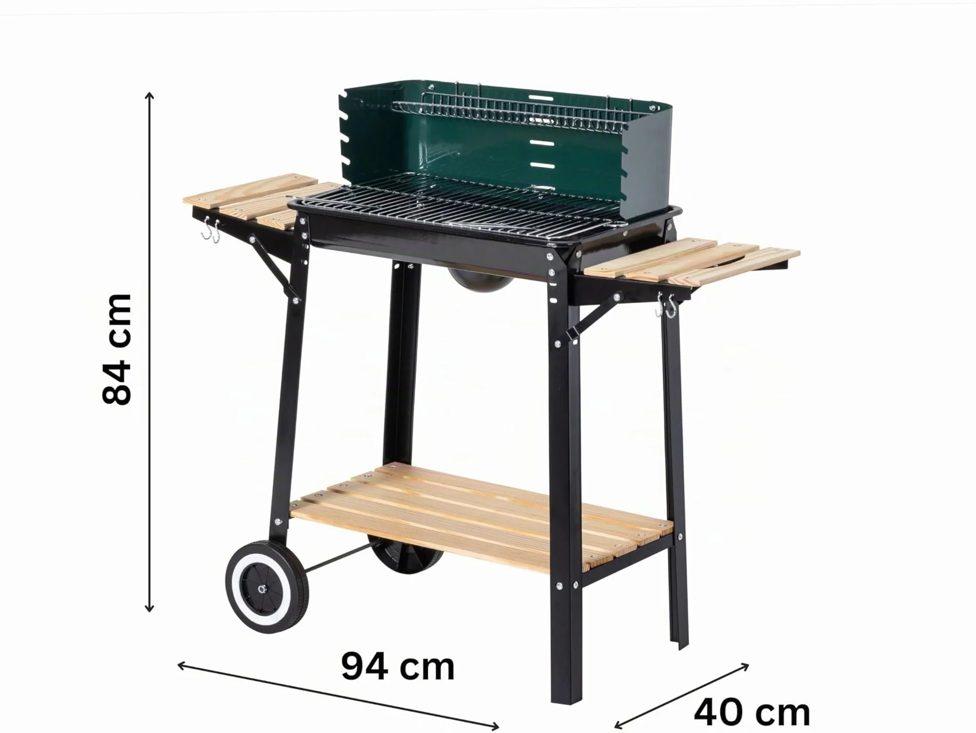 Aro Barbecue a Carbonella in Acciaio e Legno, 2 Griglie Regolabili, Tavolini Laterali, Ruote, Paravento, Verde