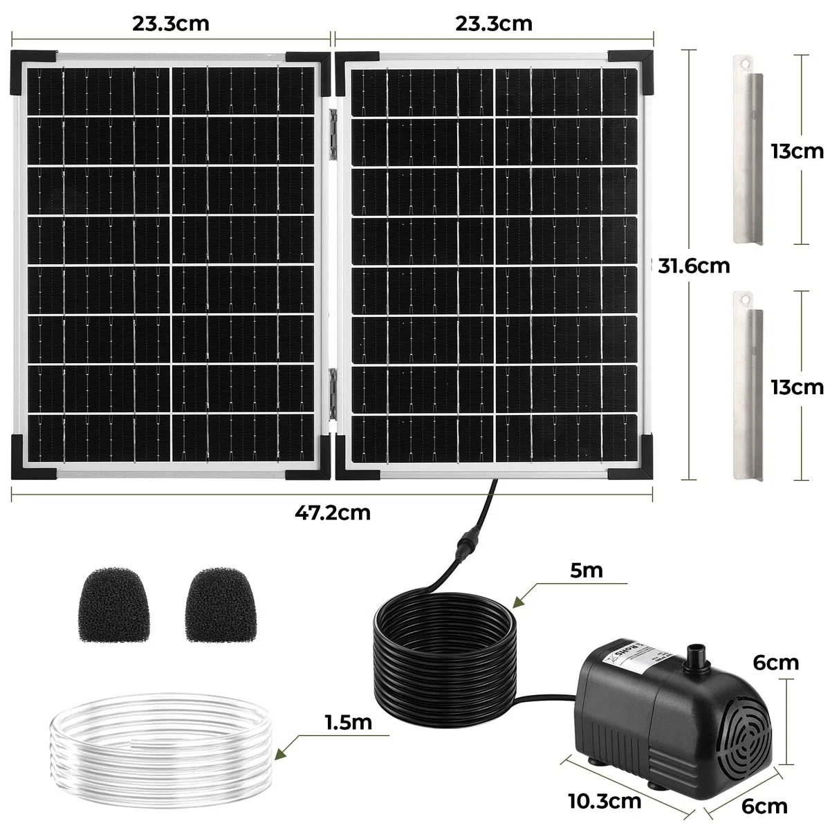 Clevich 35W Pompa Solare per Laghetto, 280 L/H, Massima 220 cm,per Stagni Grandi (8-15 m²), Pannello in Vetro 100% e Motore Senza Spazzole,4+4 Ugelli e 2Filtri,Cavo 5m,Set Specifico per Fontane Stagni