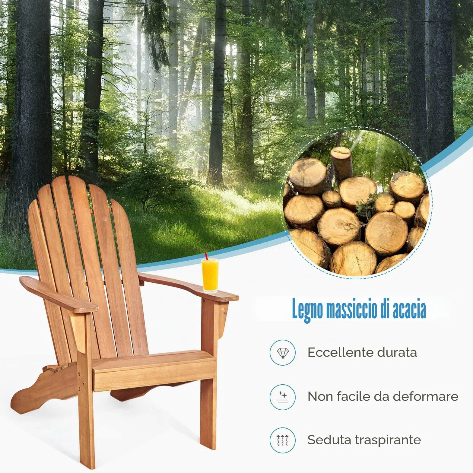 GIANTEX Sedia Adirondack da Giardino, Poltrona in Legno, Pausa da Esterno, Schienale a 6 Righe, Ideale per Estate, Portata di 160kg, 69x88x103cm, Grigio/Naturale/Bianco (naturale)