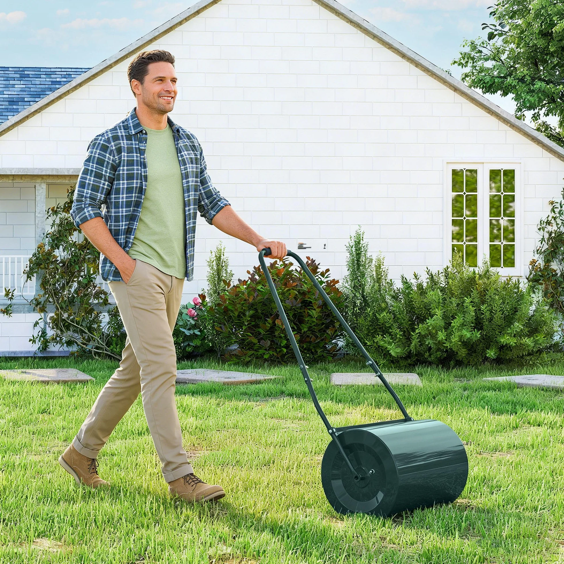 Outsunny Rullo per Prato da 30L di capacità con Maniglia Imbottita, Rullo Giardino in Acciaio Riempibile con Acqua/Sabbia, 102x50x30 cm, Verde Scuro