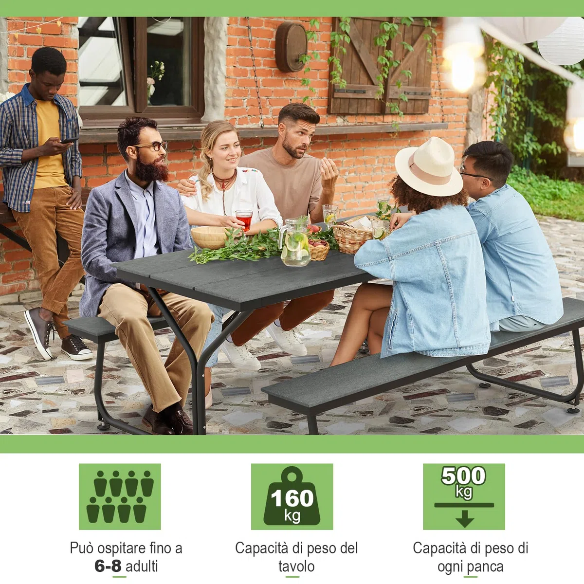 COSTWAY Tavolo da Pranzo 183 CM con 2 Panche per 8 Persone, Set da Picnic in Metallo e HDPE con Foro per Ombrellone, per Giardino Terrazzo (Grigio)