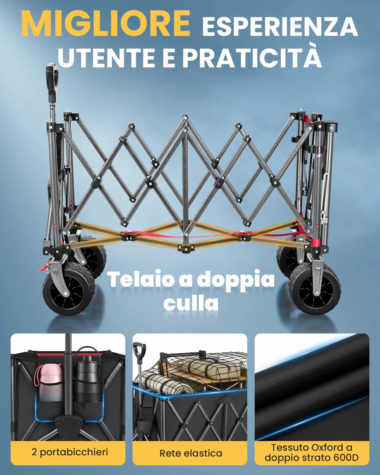Carrello Spiaggia YEAUPE PRO XXXL con Grandi Ruote Girevoli 360°, 250kg 200-300L, Nero
