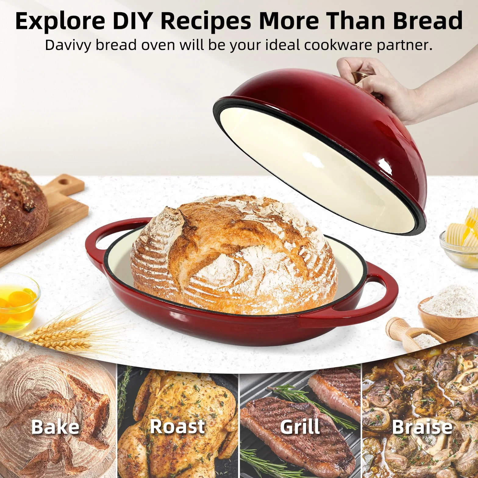 Davivy Forno olandese ovale in ghisa smaltata da 5,5 l, per pane a lievitazione naturale, pentola olandese con coperchio a cupola, pentola per il pane in ghisa (rosso rubino, con tappetino in silicone