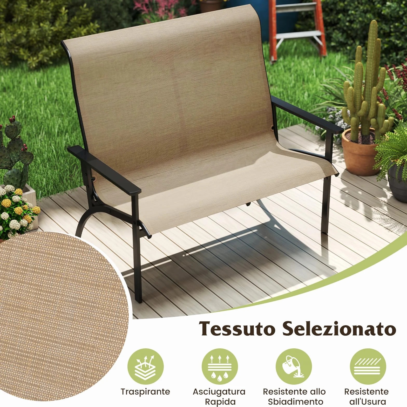 COSTWAY Sedia Esterno a 2 Posti, Panca da Giardino con Schienale Alto e Braccioli, Poltrona da Giardino a 2 Persone, per Terrazzo Patio Cortile, Portata 400 kg