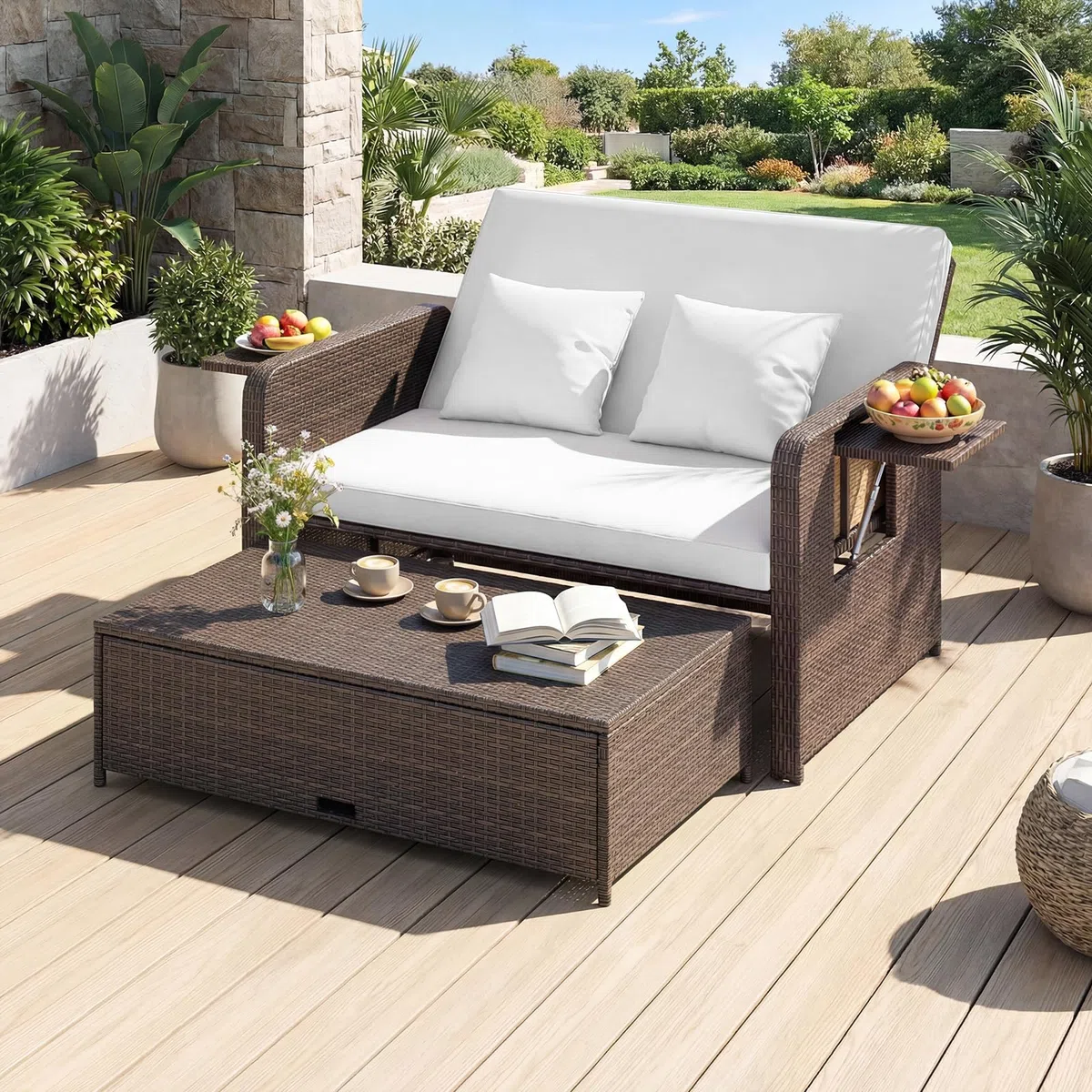 GIANTEX Divano da Giardino in Rattan con Poggiapiedi, Doppio Divano da Esterno con Schienale Regolabile, Mobili da Giardino per Terrazza, Balcone, Cortile (Misto Marrone+Bianco)