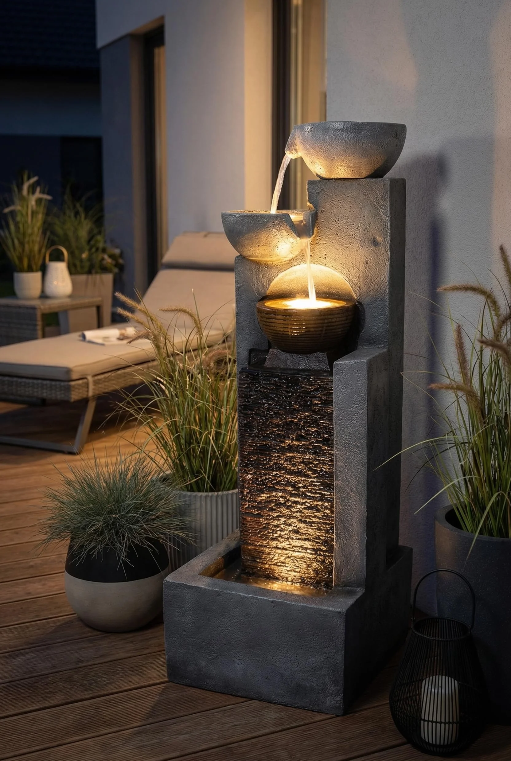Arnusa, Grande fontana da giardino con illuminazione a LED, fontana a cascata, decorazione da giardino, Nero, Grigio