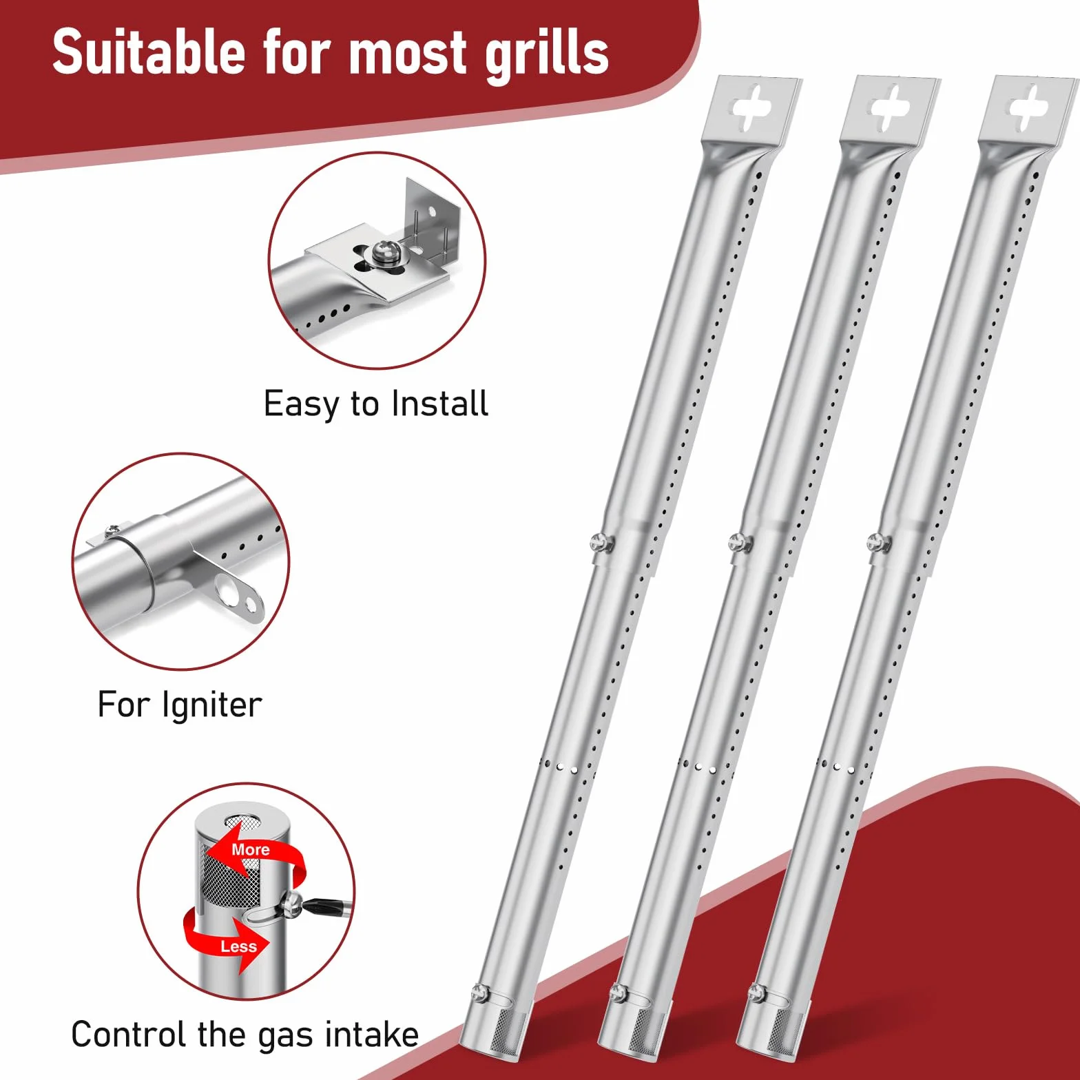 Tubo Bruciatore Regolabile da 30,8 cm a 44,9 cm con Diffusore di Calore Universale da 30 a 72 cm per Charbroil, Compatibile con la Maggior parte dei modelli di Griglie a Gas (45629 con 42202 3 Pezzi)