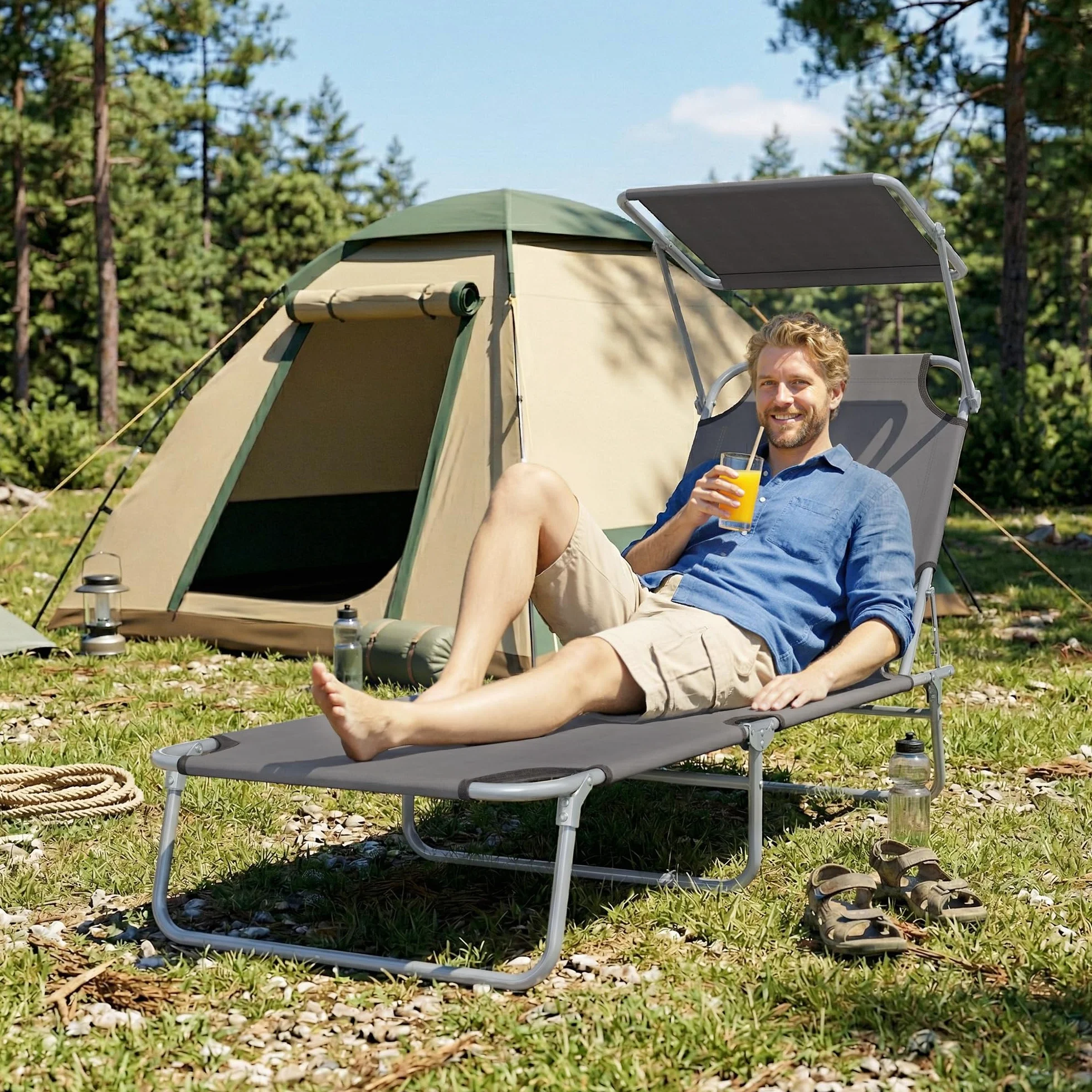Outsunny Sdraio da Giardino Pieghevole con Tettuccio Schienale Regolabile in Tessuto Oxford e Metallo 187x58x36 cm Grigio