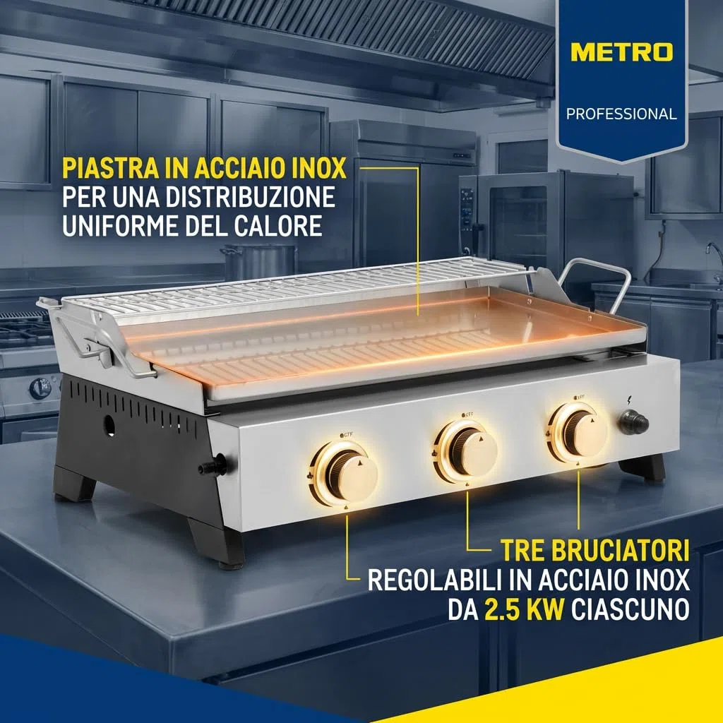 METRO PROFESSIONAL Barbecue a Gas Tornada 3 Bruciatori Piastra Acciaio Inox 61.5×32 cm 7.5 kW Argento