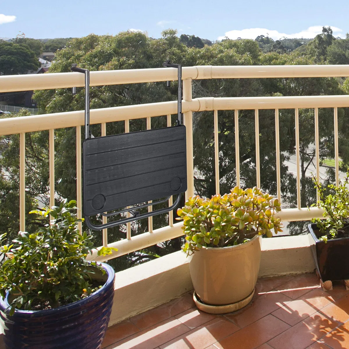 Relaxdays Tavolino Pieghevole per Balcone, 3 Altezze Regolabili, 59,5x36 cm, Effetto Legno Nero