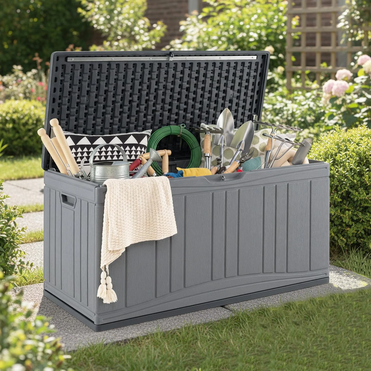 COSTWAY Baule da Esterno 300L Impermeabile in Resina, Cassapanca Contenitore da Esterno con Pistoni a Gas, Predisposizione per Serratura e 2 Maniglie Laterali, Resistente, 114 x 55 x 61 cm (Grigio)