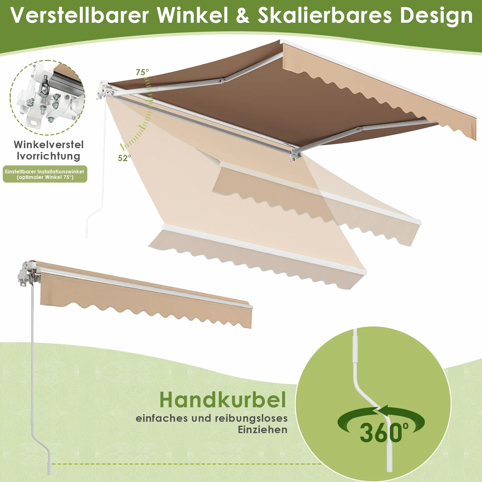 LIFERUN Tenda a bracci snodati 300x250 cm UPF 50+ impermeabile manovella supporto parete Regolazione angolare 52-75° Cachi