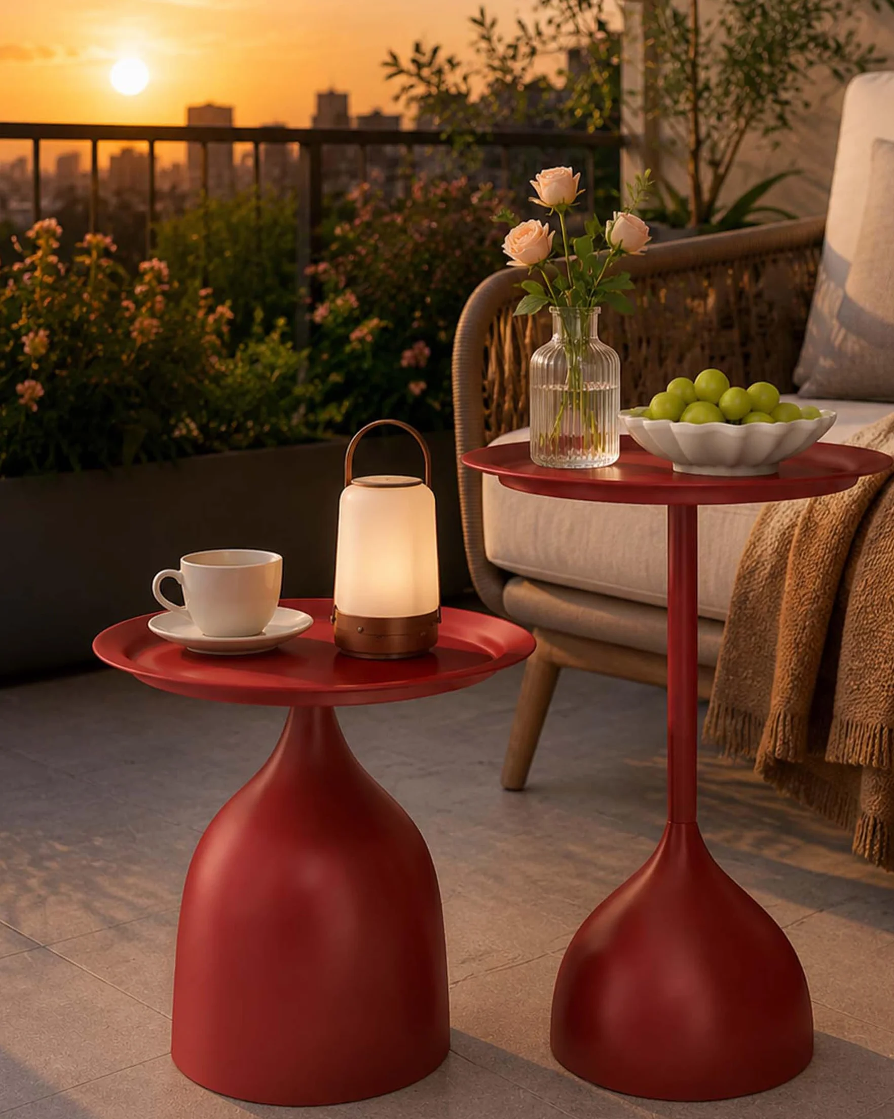 Set di 2 Tavolino da Esterno in Metallo Impermeabile Tavolino Salotto Moderno Rotondo Tavolini da Balcone e Giardino, Coffee Table per Divano, Soggiorno e Terrazza, 40 cm, Rosso
