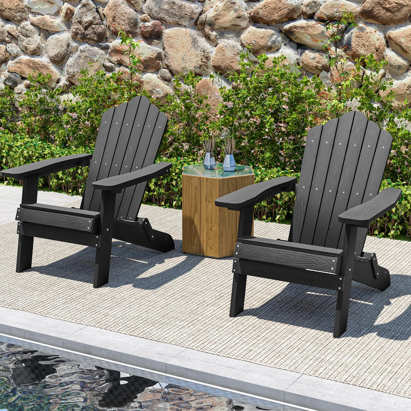 KOMFOTTEU Adirondack - Sedia pieghevole, sedia da giardino con schienale inclinato e braccioli larghi, poltrona ergonomica con carico di 180 kg, seduta esterna per balcone, terrazza (nero)