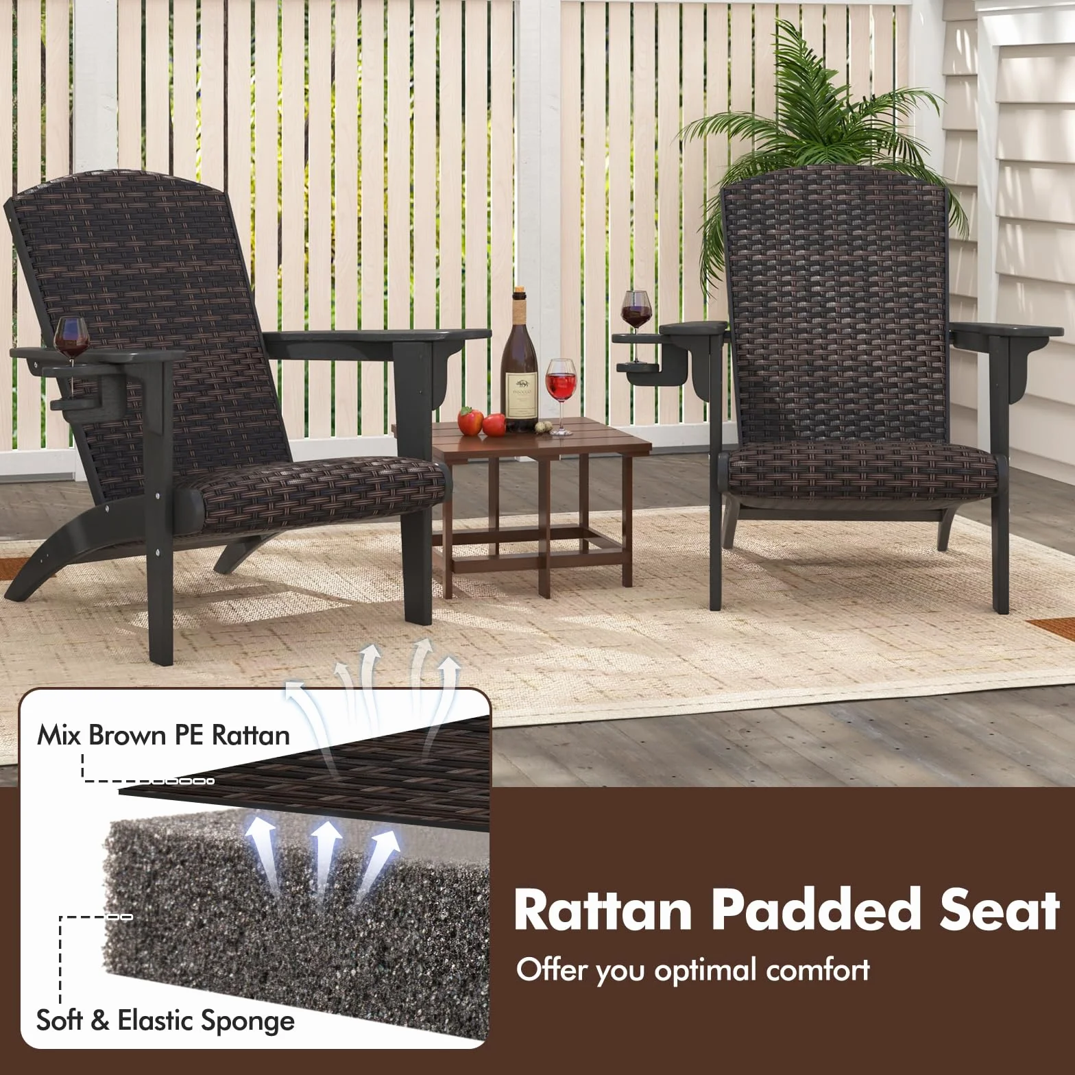LIFEZEAL Sedia Adirondack da Esterno, in Plastica, Rattan PE, Imbottito da Spugna, con Braccioli, Portabicchiere, Resistente alle Intemperie, per Giardino, Terrazza, Patio, Aperto, Max 150kg (nero)