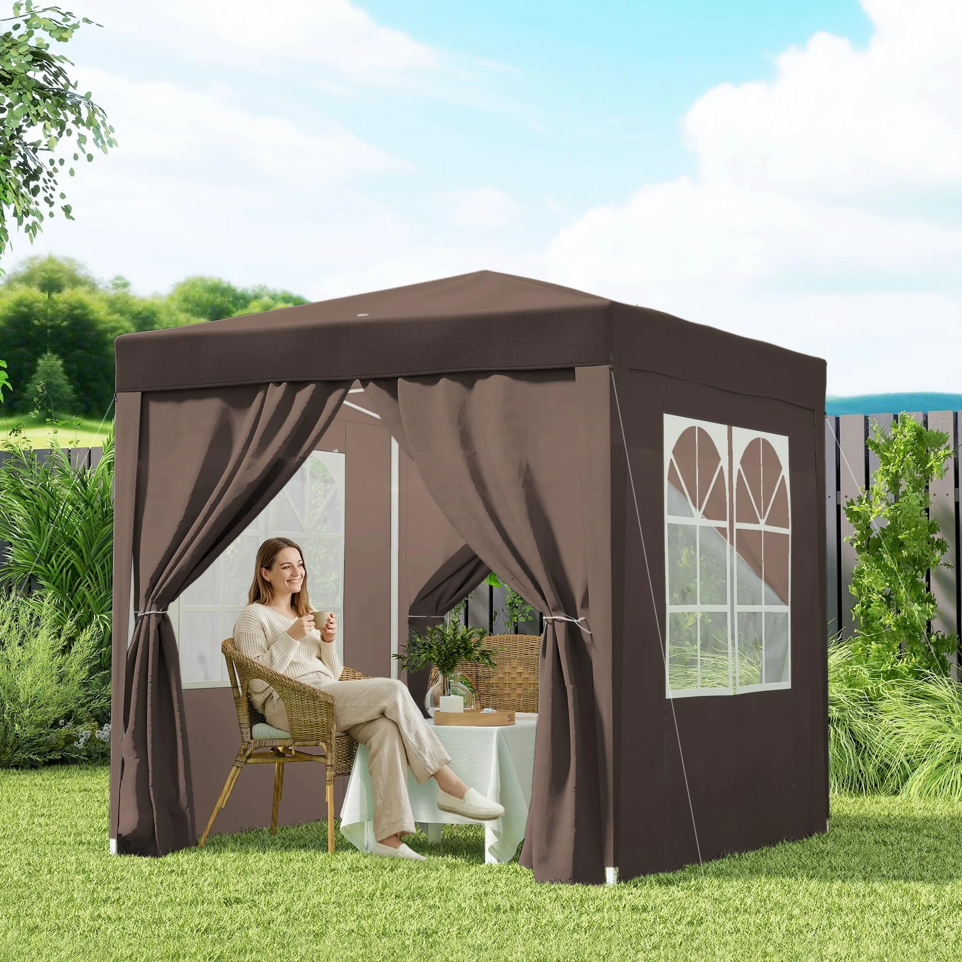 Outsunny Gazebo 2x2 m Pop-up Impermeabile con 4 Pareti Rimovibili, Marrone
