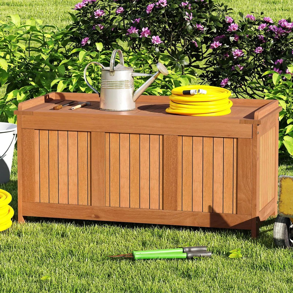COSTWAY Baule da Giardino 220L, 3 in 1 Cassapanca Contenitore in Legno Massello con Coperchio Ribaltabile e Bordi Rialzati, Panca Portaoggetti per Interni e Esterni, 113,5 x 52 x 58,5 cm