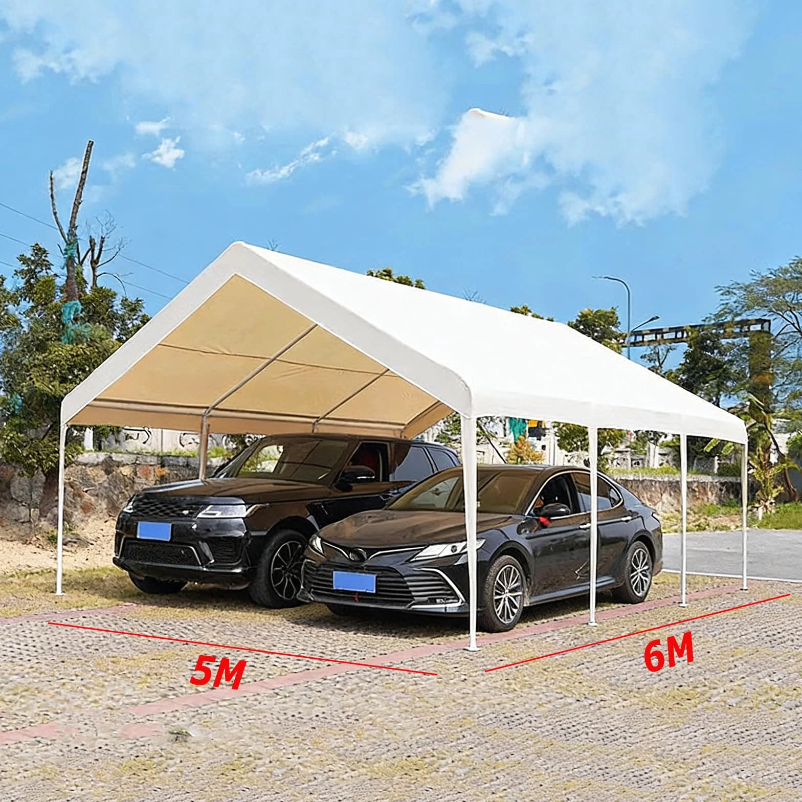 Grande tettoia impermeabile per bicicletta auto moto camper trattore SUV con telaio in metallo 5 x 6 m bianco