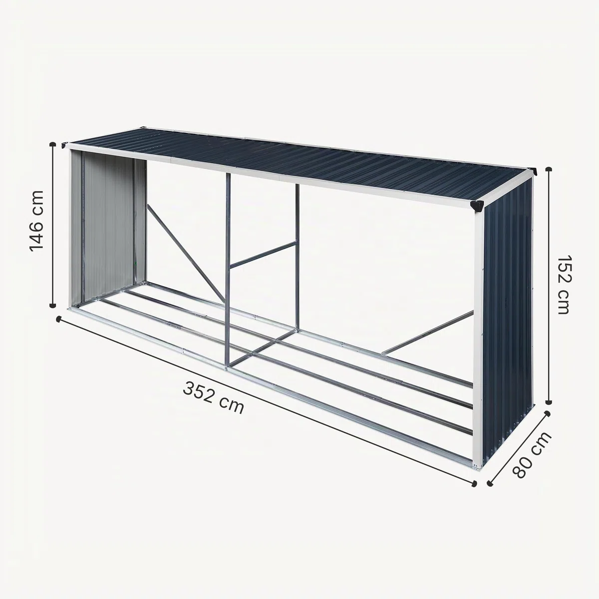 Portalegna da Esterno 352x80x152 cm Antracite Struttura in Acciaio Tettuccio Deposito Legna da Ardere