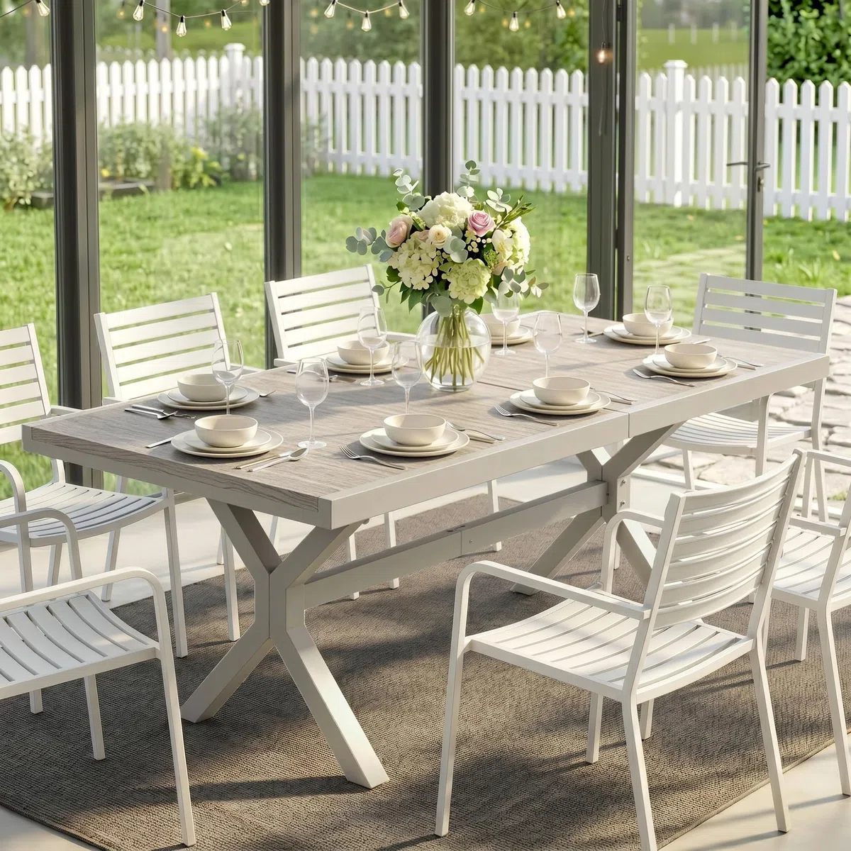 Outsunny Tavolo da Giardino Allungabile per 8-10 Persone 154/214x85cm, Tavolo da Pranzo Estensibile Esterno Alluminio Piano Effetto Legno, Gambe a X Acciaio per Patio Terrazzo Balcone, Grigio Argento