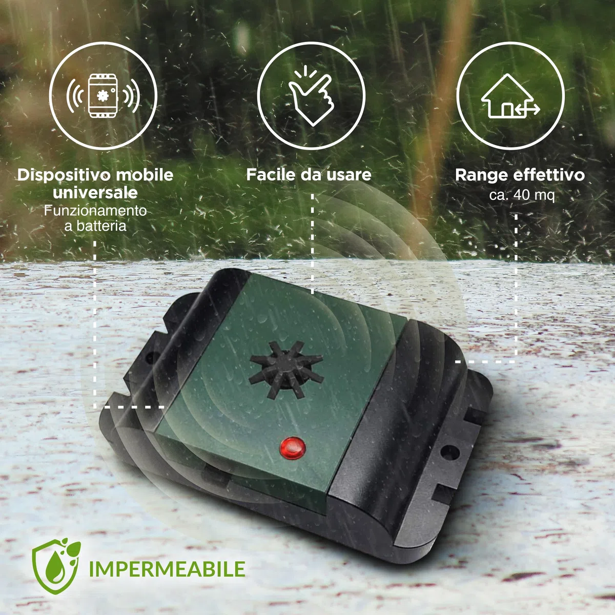 ISOTRONIC dissuasore uccelli ultrasuoni piccioni passeri gabbiani corvi batteria balconi tetti giardini raggio 40m² 3 unità efficace esterno protezione difesa stop volatili ecologico mobile