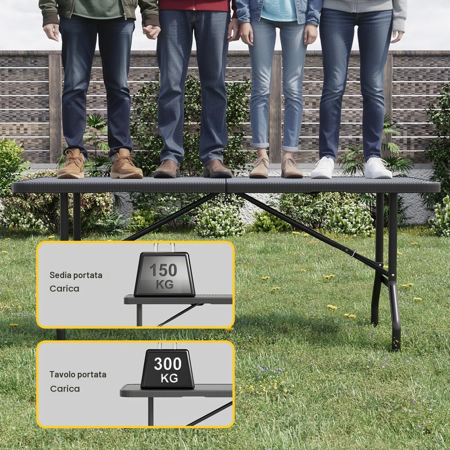 JUMMICO Set da Esterno 3 Pezzi Tavolo Giardino Pieghevole Effetto Rattan HDPE 300kg per Campeggio BBQ