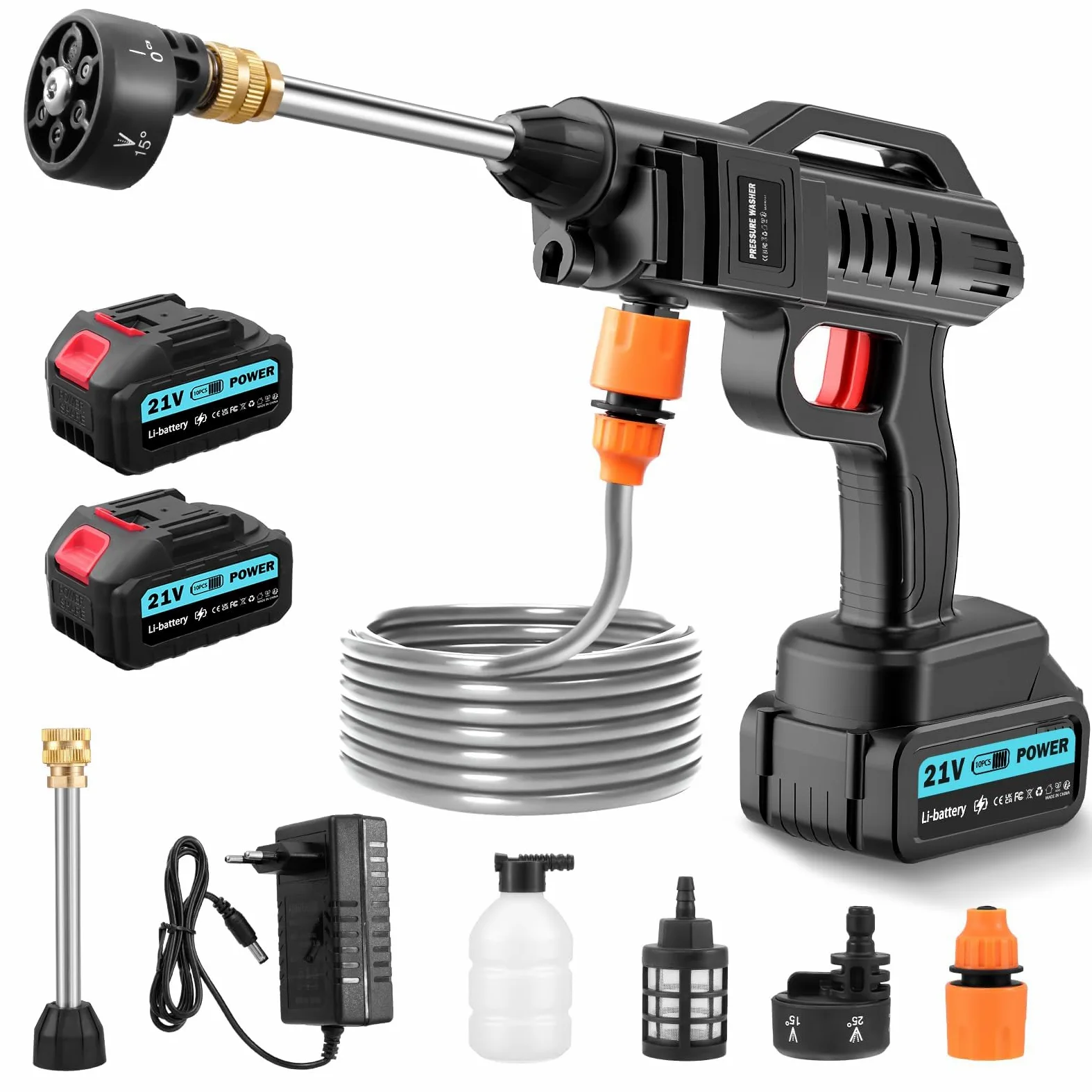 21V Idropulitrice Senza Fili, Pistola Portatile ad Alta Pressione, Idropulitrice a Batteria 100 Bar con 2 Batterie 3000mAh, 6 in 1, Tubo 5m, per Auto Balcone Garage