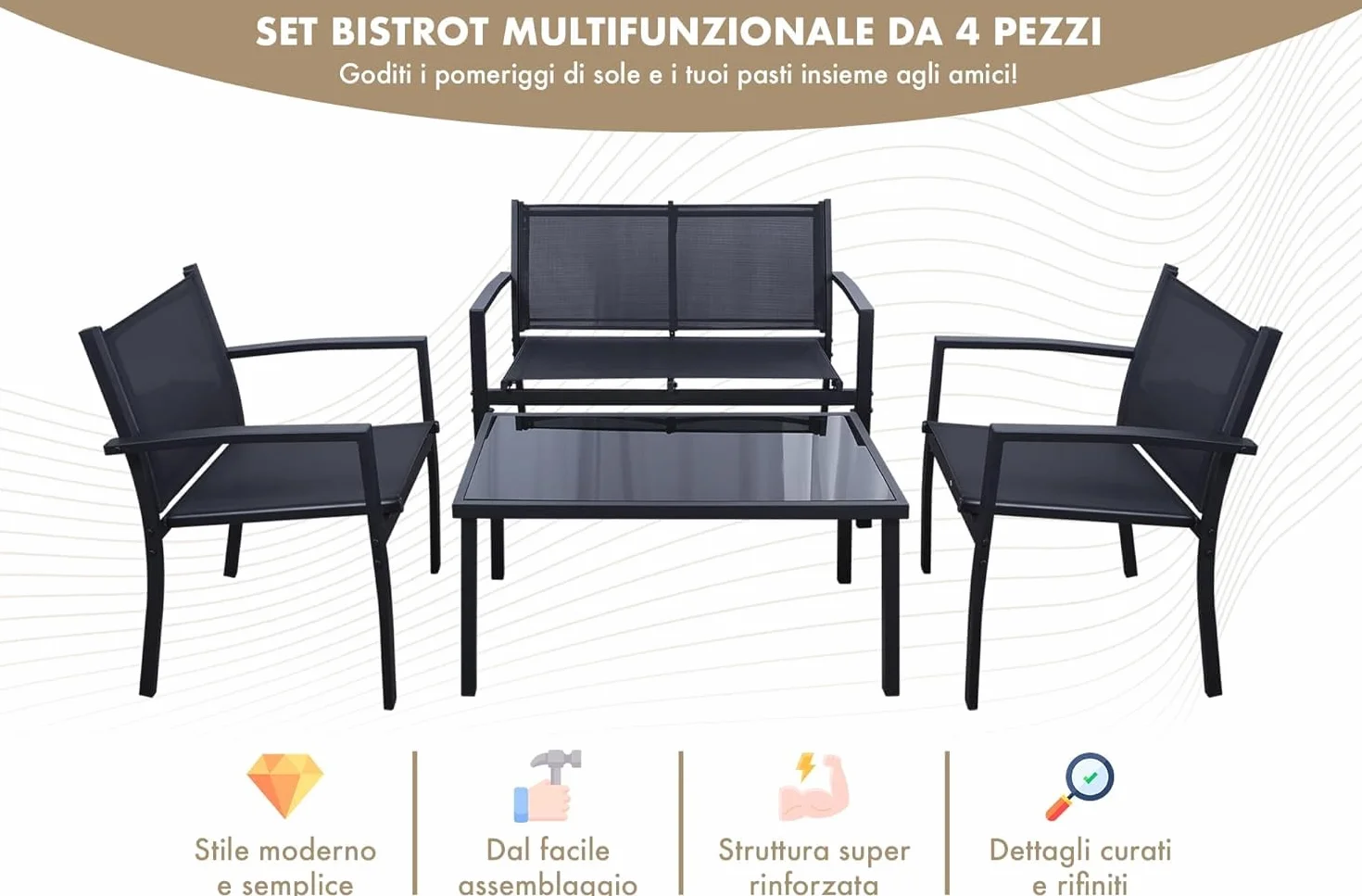 Salotto Da Esterno In Acciaio 2 Poltrone 1 Divano 1 Tavolo Giardino Esterno Con Seduta In Textilene Patio Salottino Relax Primavera Estate Mobili Estivi 4 Posti Tavolo Ripiano In Vetro - Nero