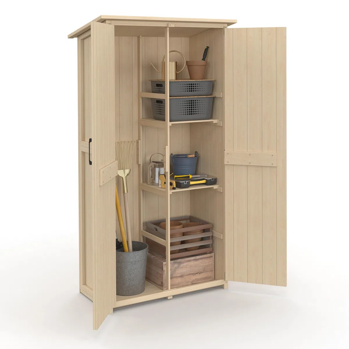 IDMarket - Armadio da Giardino in Legno 90 x 50 x 160 cm con Tetto Inclinato, Doppia Anta e Ripiani